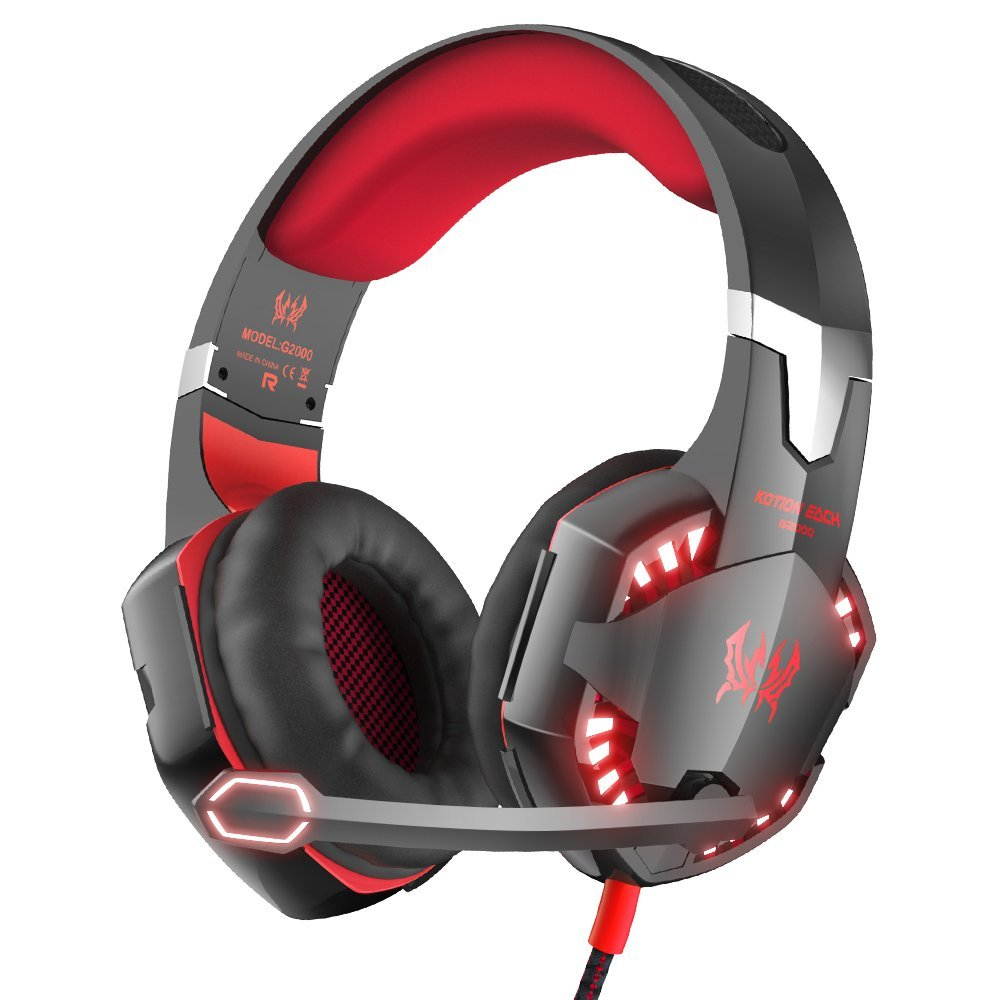 VersionTech G2000 Gaming Headset for PC Computer, Comfortable Over Ear Headphones with Microphone, Led Lights & In-Line Volume Control (Not compatible with PS3/PS4/Xbox One/Xbox 360)- Red