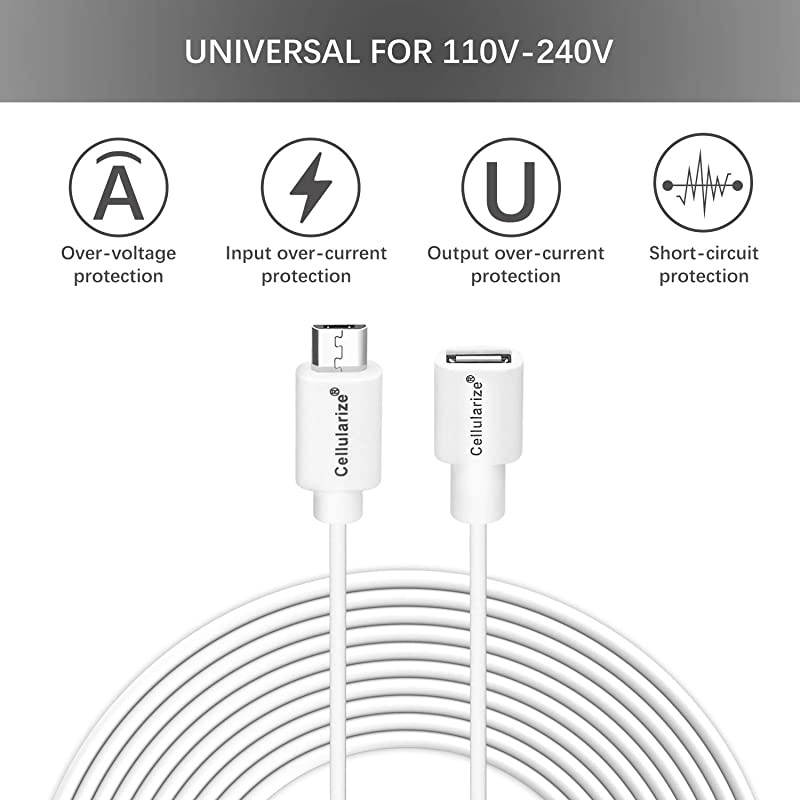 2 Pack] Micro USB Extension Cable (White, 3M/10FT) Male to Female Extender Power Cord Compatible with WyzeCam Wireless Security Cameras, Arlo Pro (Cable Clips Included)