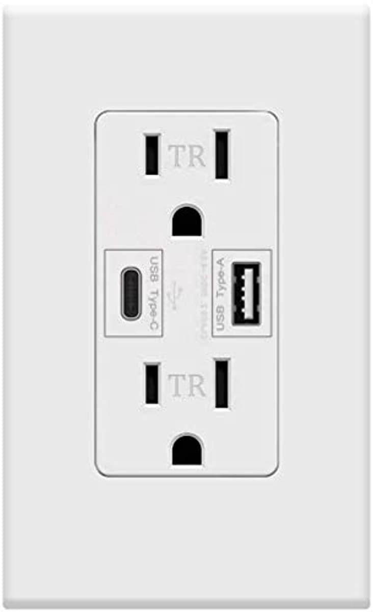 USB C outlet PD Power Delivery Duplex Receptacle 4.8A, Duplex Receptacle In-Wall Charger with 15 Amp, 125 Volt Tamper-Resistant Outlet, White Not for laptops (USB c PD 1pack)