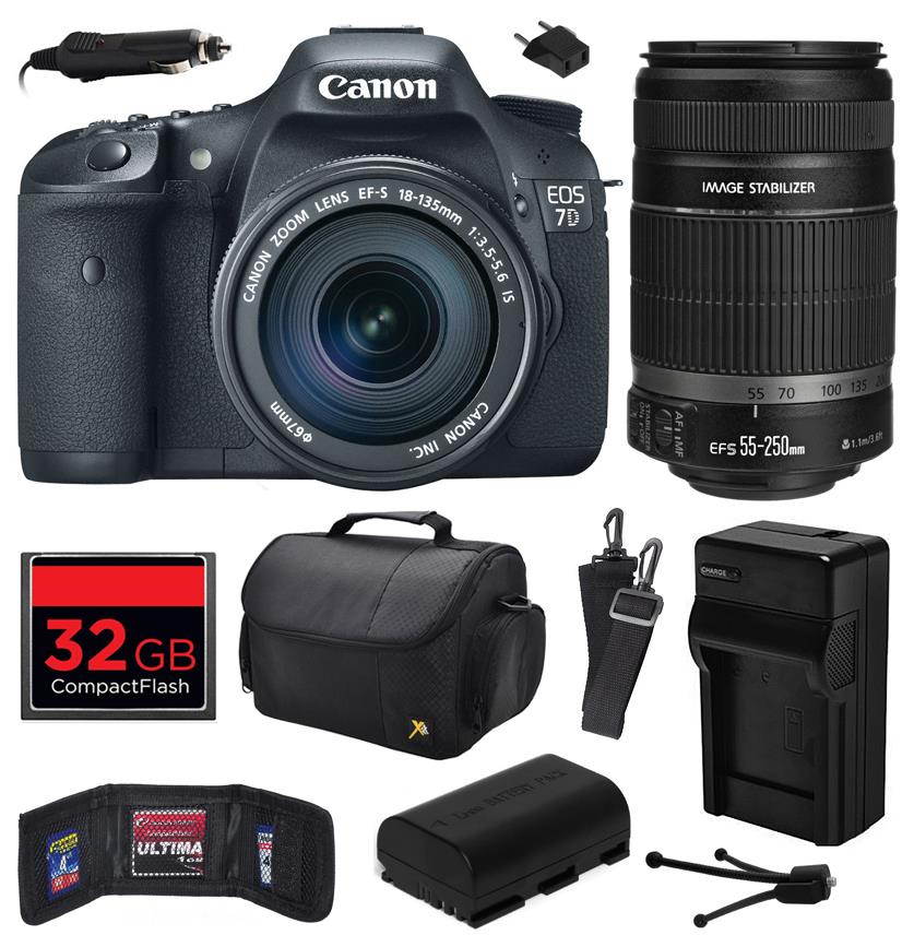Canon EOS 7D 18 MP CMOS Digital SLR Camera with 18-135mm f/3.5-5.6 IS UD and EF-S 55-250mm f/4-5.6 IS II Lens with 32GB Memory, Large Case, Battery, Charger, Memory Card Wallet, Cleaning Kit 3814B016