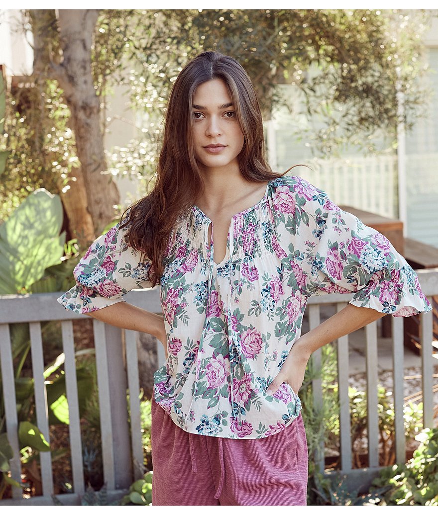 Shabby Chic Primrose Tie Detail Notch Neck 3/4 Sleeves Peasant Top