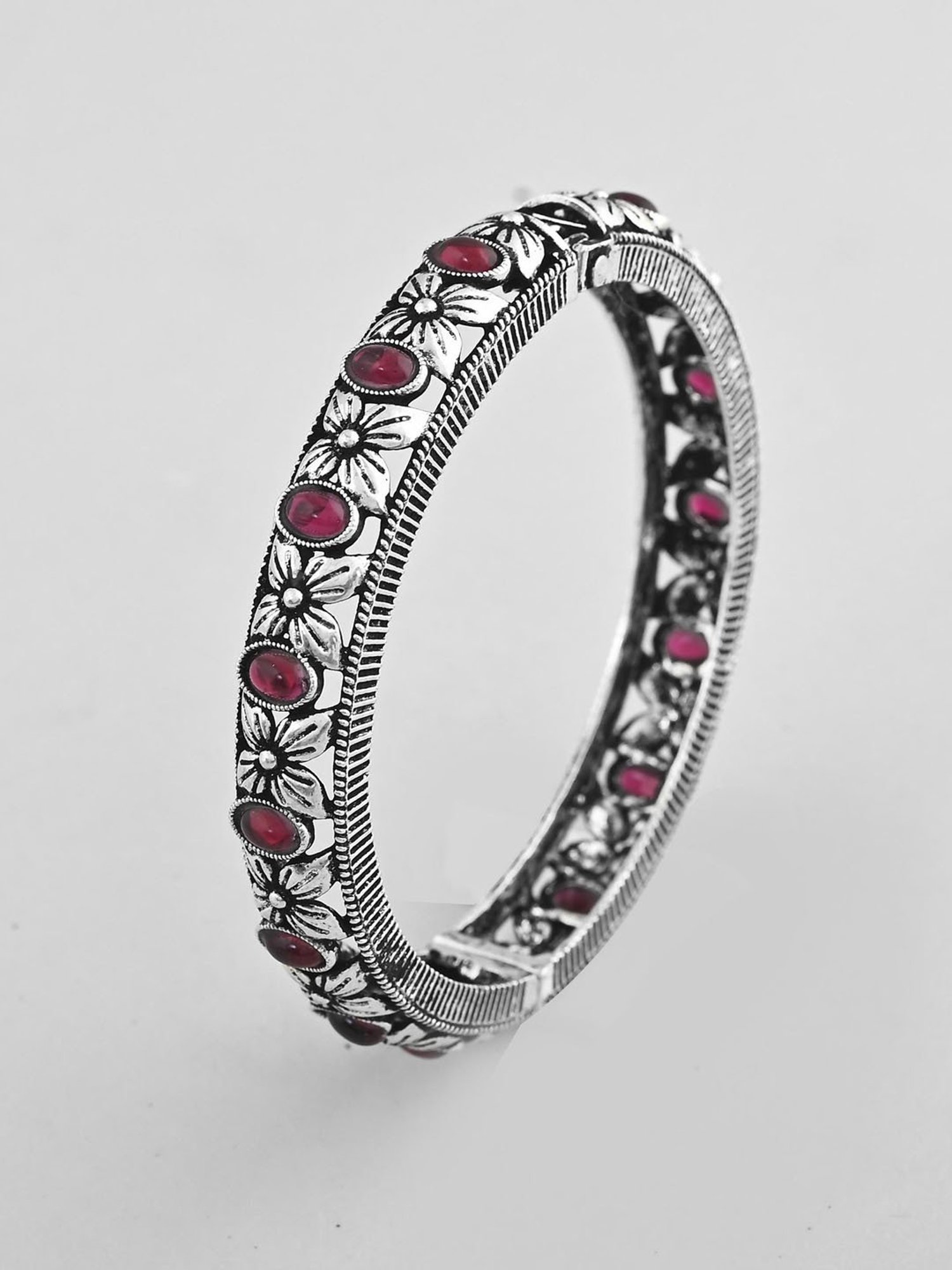 VOJ Rhodium Plated Red Stone Studded Kada Bracelet