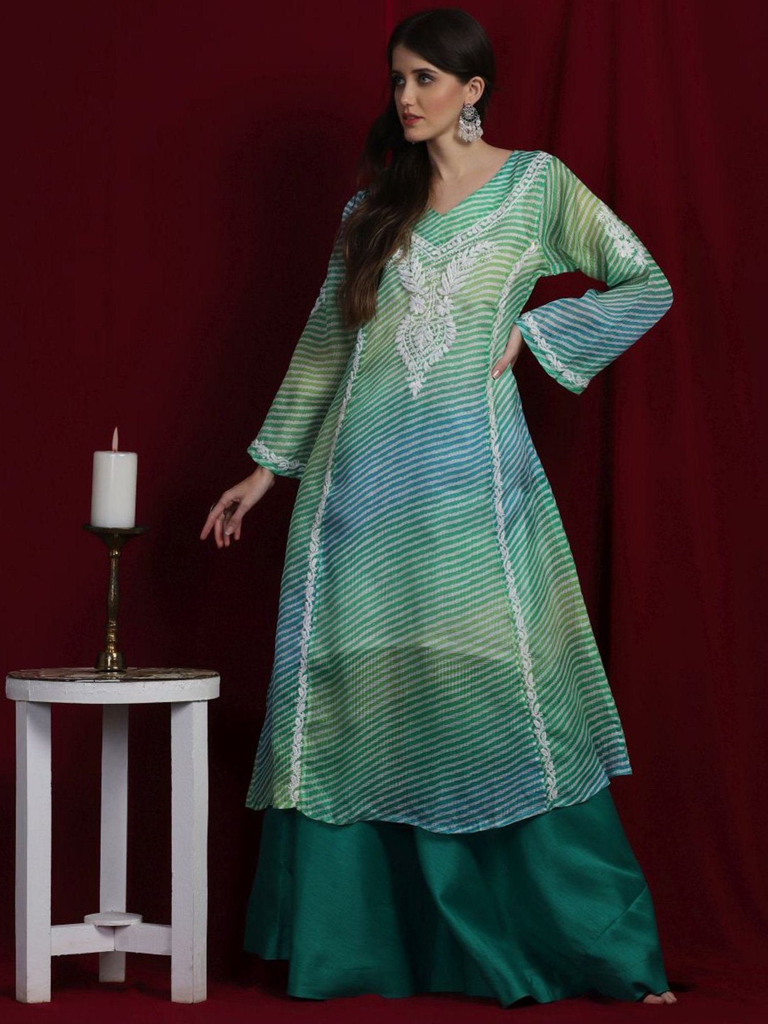 SHADES Green Cotton Chikankari Chikankari Straight Kurta