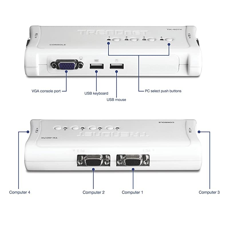 4Port USB KVM Switch Kit VGA USB Connections 2048 x 1536 Resolution Cabling Included Control up to 4 Computers TK407K