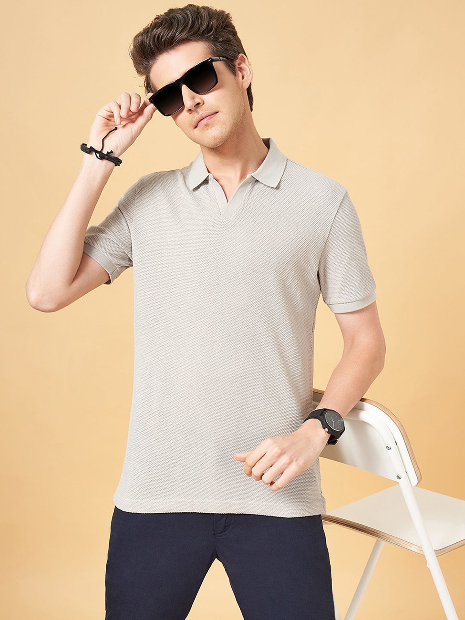 Byford by Pantaloons Light Grey Cotton Slim Fit Polo T-Shirt