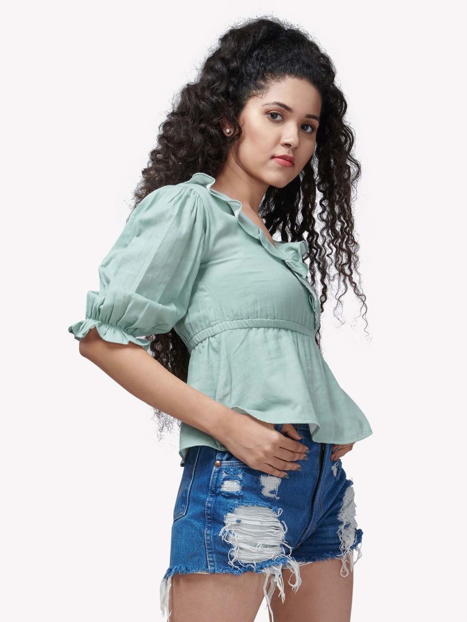 VASTRADO Green Cotton V Neck Top