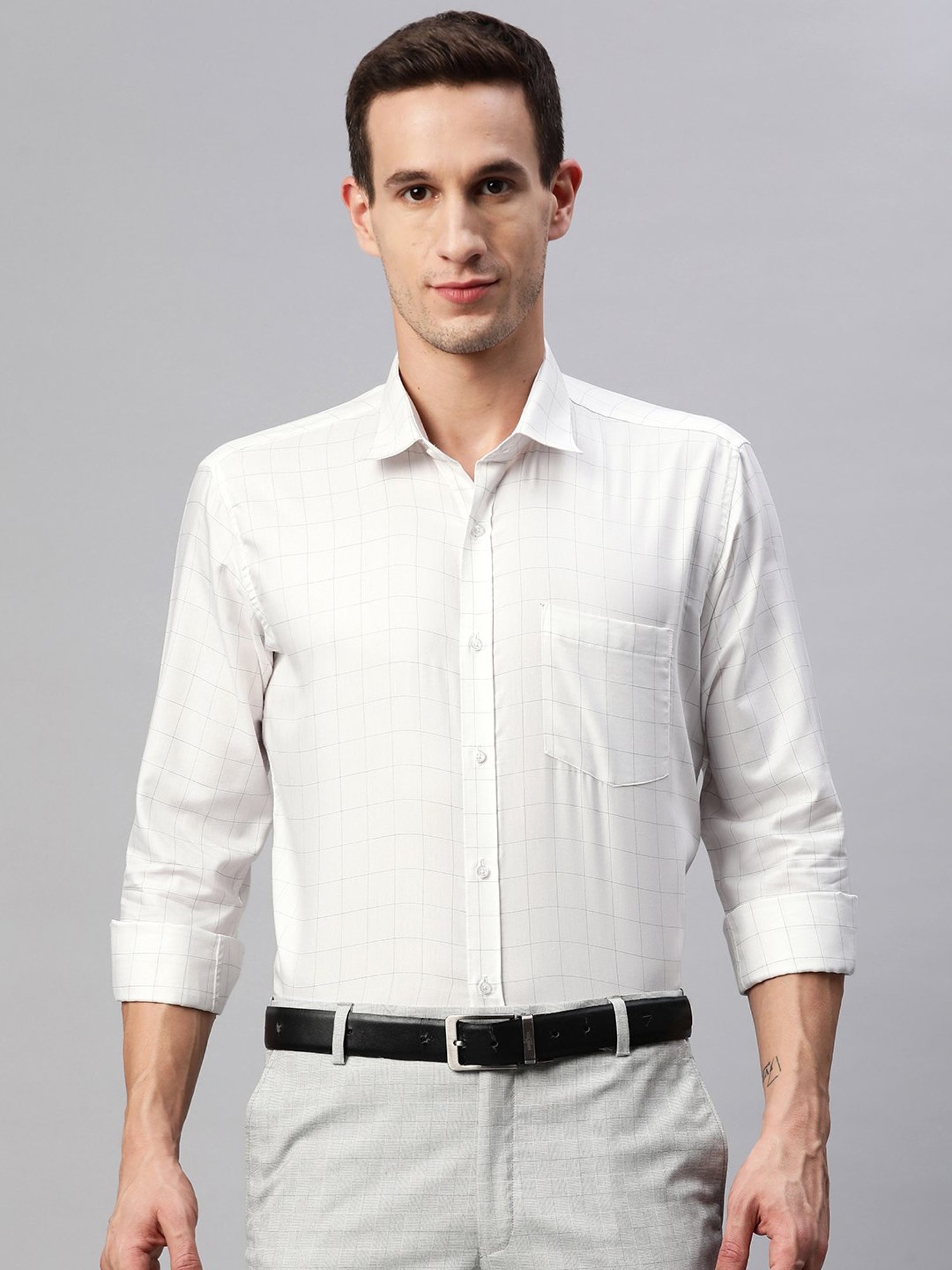 ManQ White Regular Fit Check Shirt