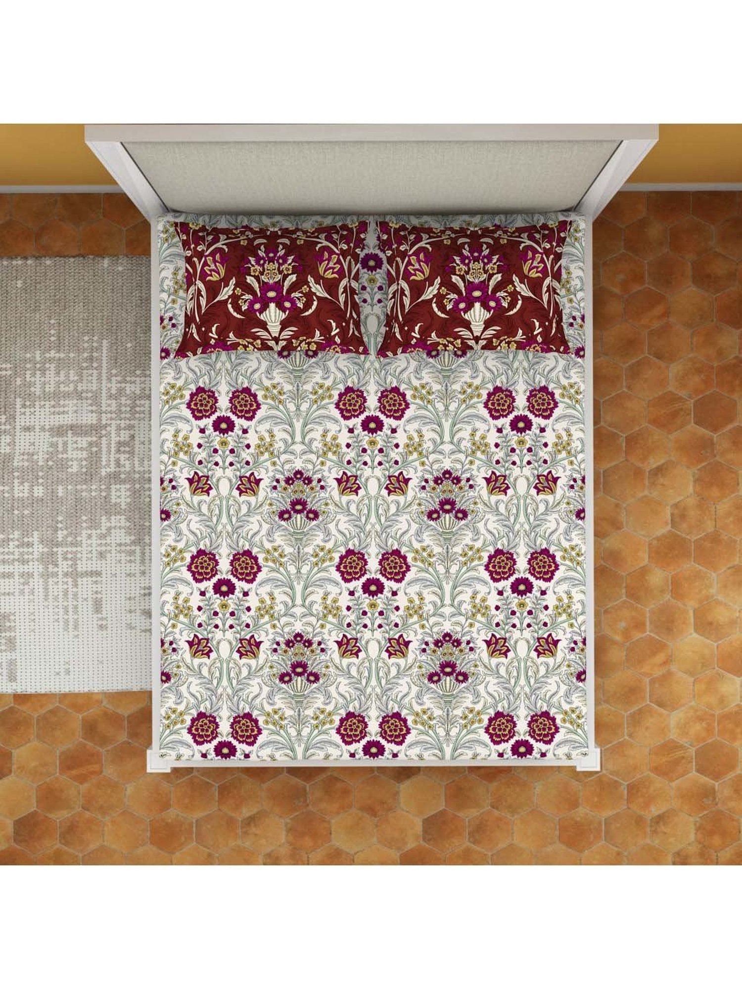 Welspun Moments Printed Blue Cotton Queen Fitted Bed Sheet with 2 Pillow Covers