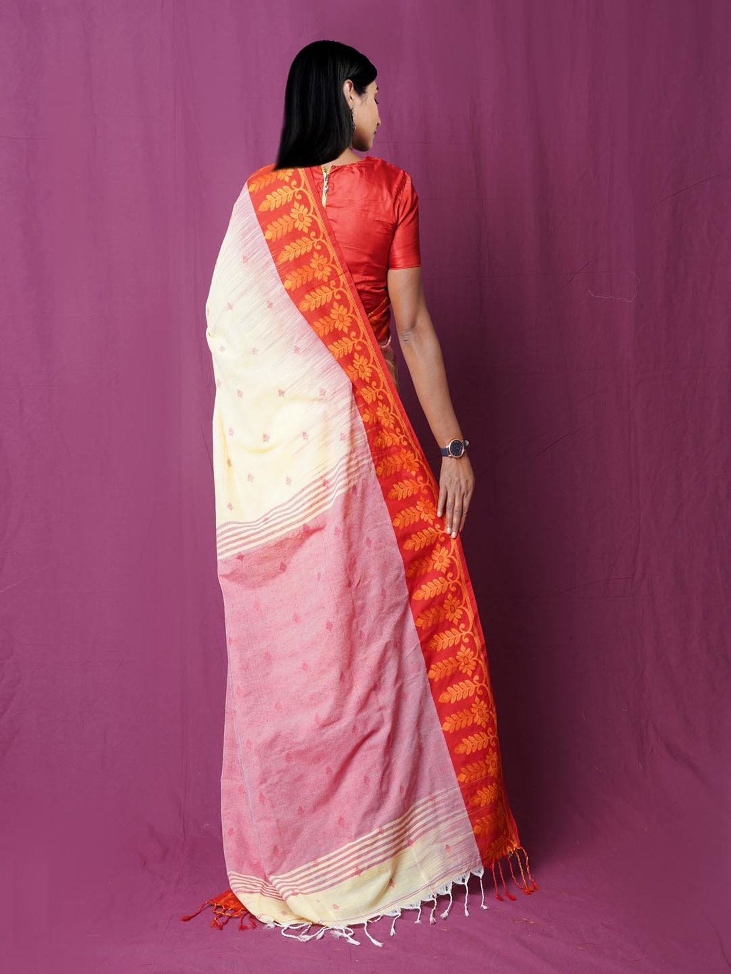 Unnati Silks Cream & Orange Linen Woven Saree With Unstitched Blouse