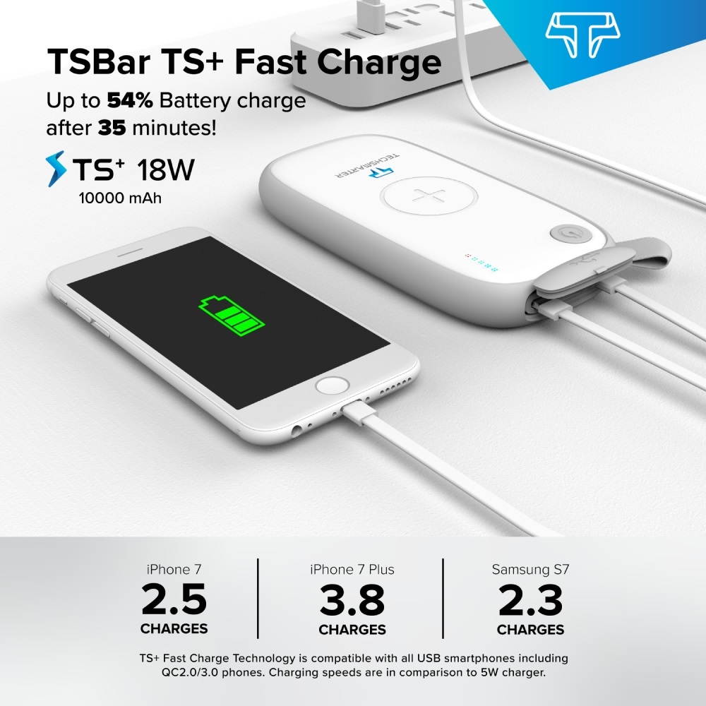 Techsmarter 10,000mAh Waterproof and Reverse Qi Wireless Charging PD USB C Portable Charger (18W), High-Capacity Power Delivery Power Bank Compatible with iPhone 11/X/XS/XR/8, Samsung S8/S9/S10, Note