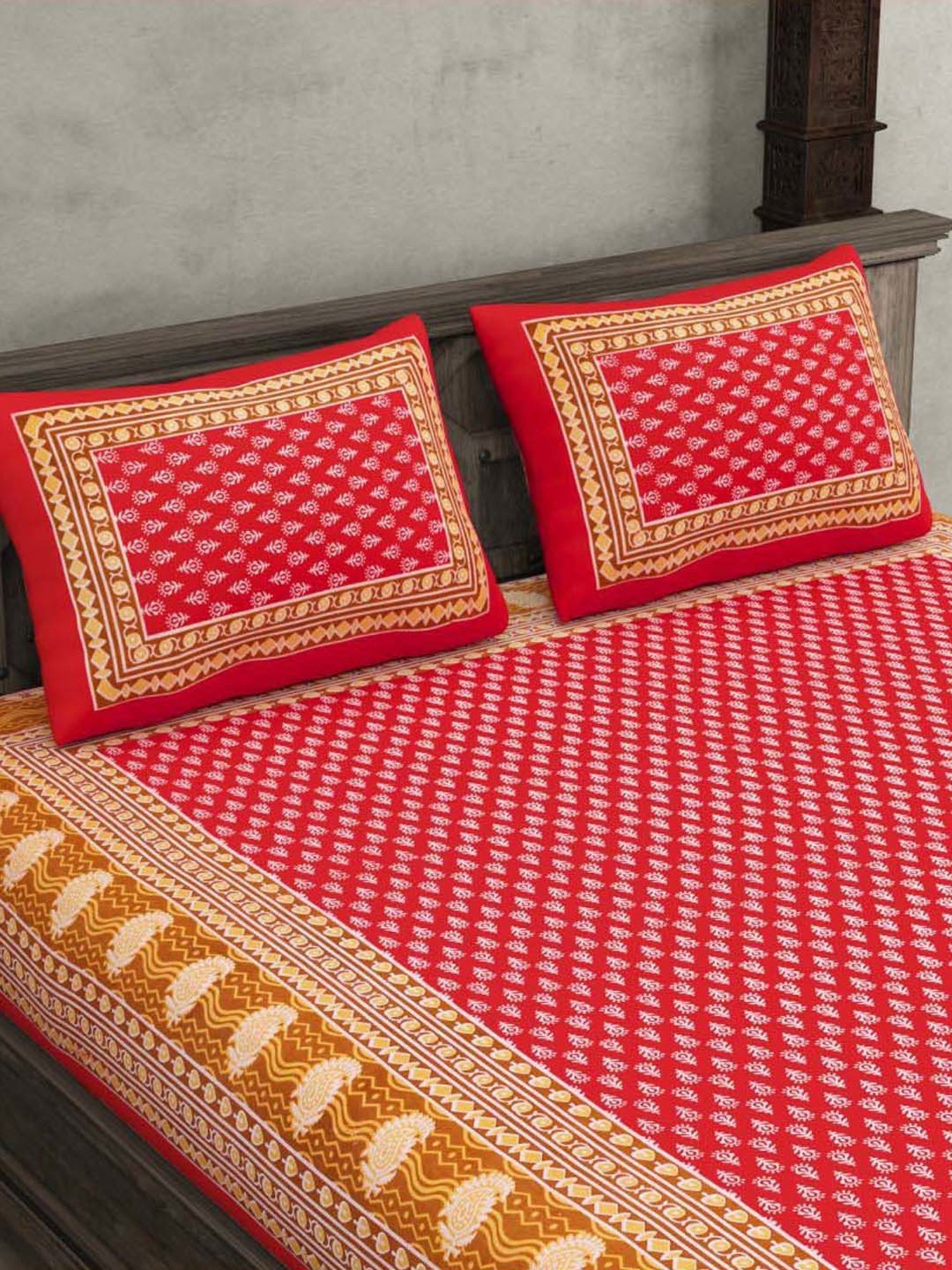 JaipurFabric Red 100% Pure Cotton 120 TC Double Bedsheet with 2 Pillow Covers
