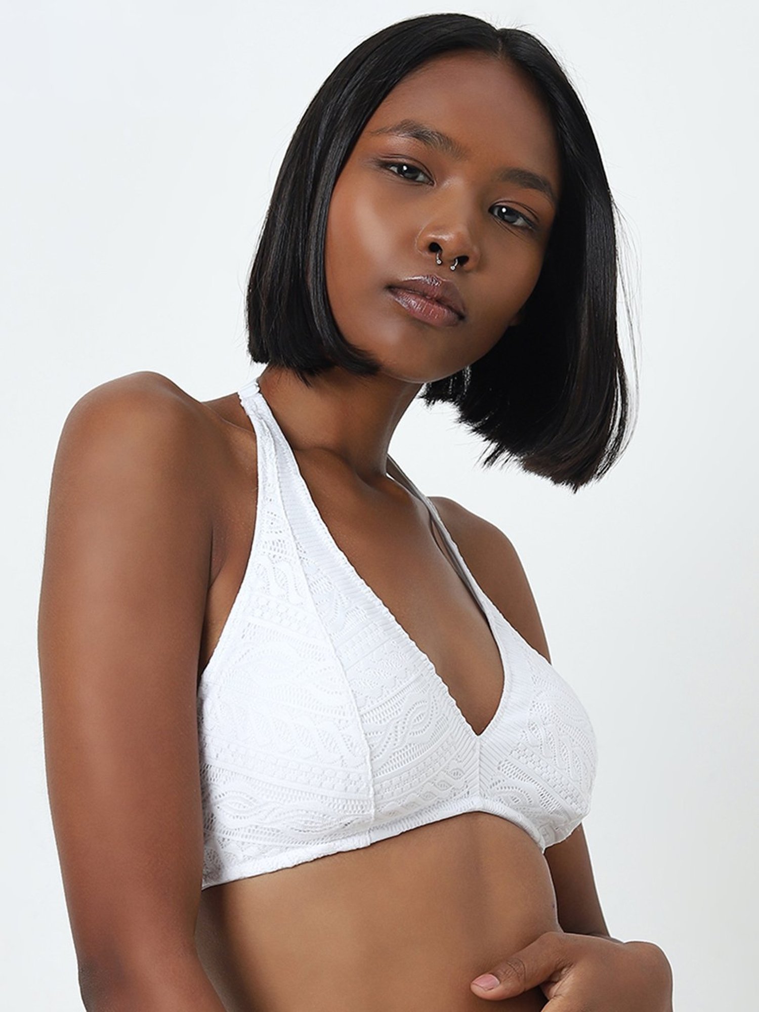 Superstar by Westside White Knit-Textured Halter-Neck Bra
