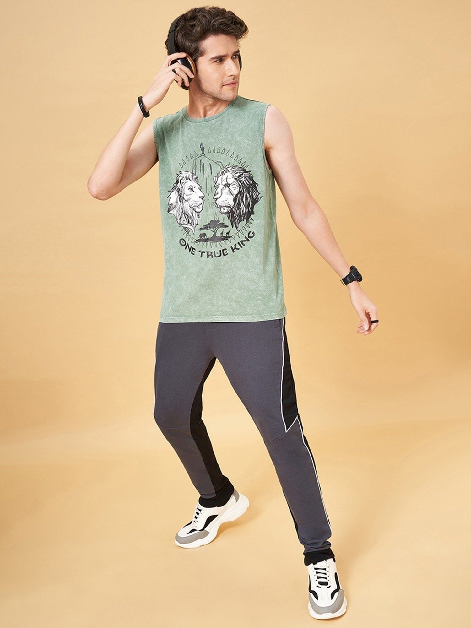 SF Jeans by Pantaloons Frosty Green Cotton Regular Fit Printed Vest