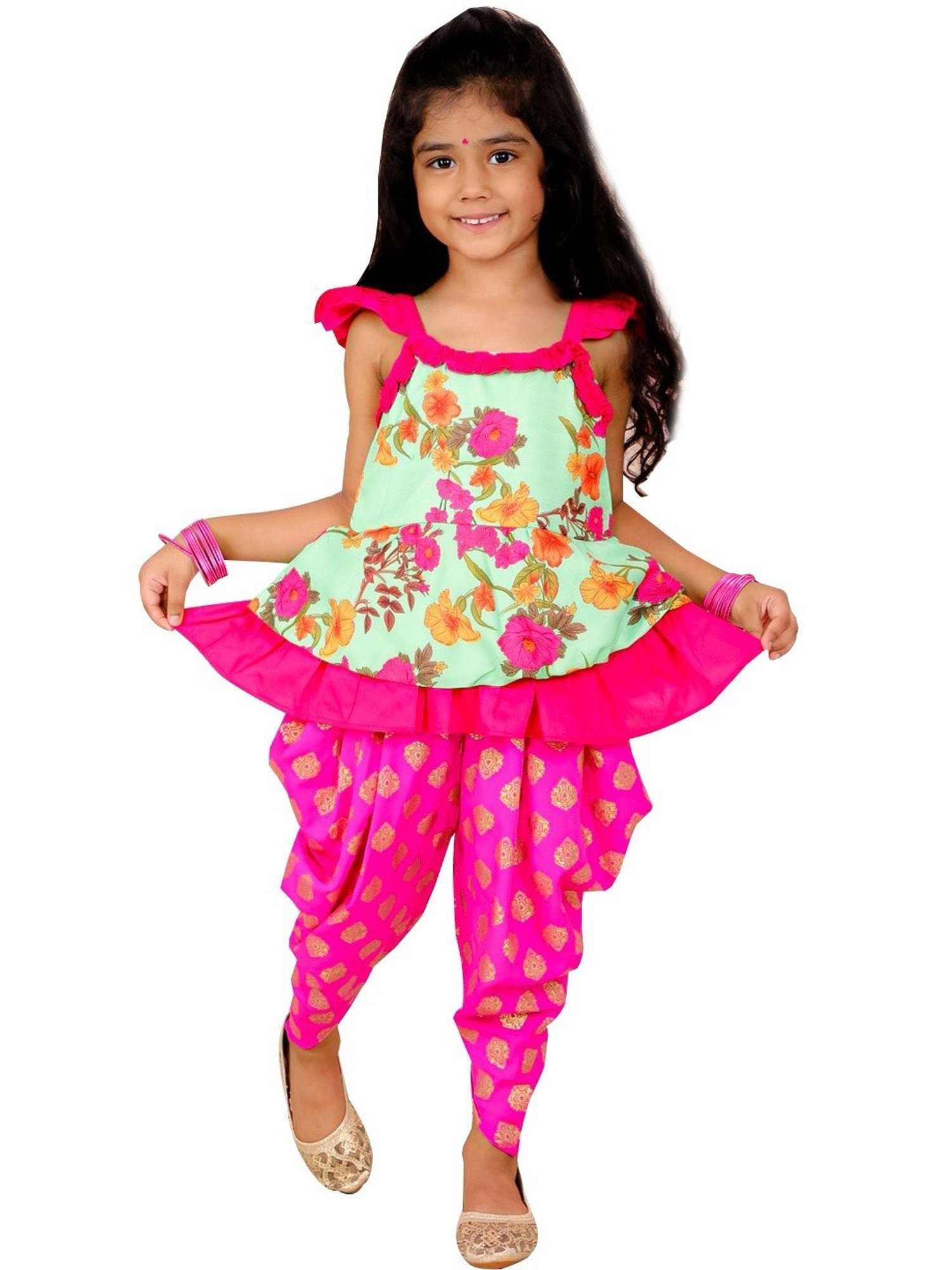 TWISHA Kids Green & Pink Floral Print Top Set