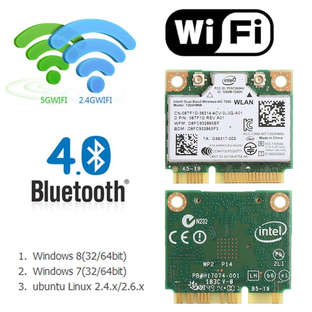 876M  2.4+5G Bluetooth V4.0 Wifi Wireless Mini PCI-Express Card For  Intei 7260 AC DELL 7260HMW CN-08TF1D