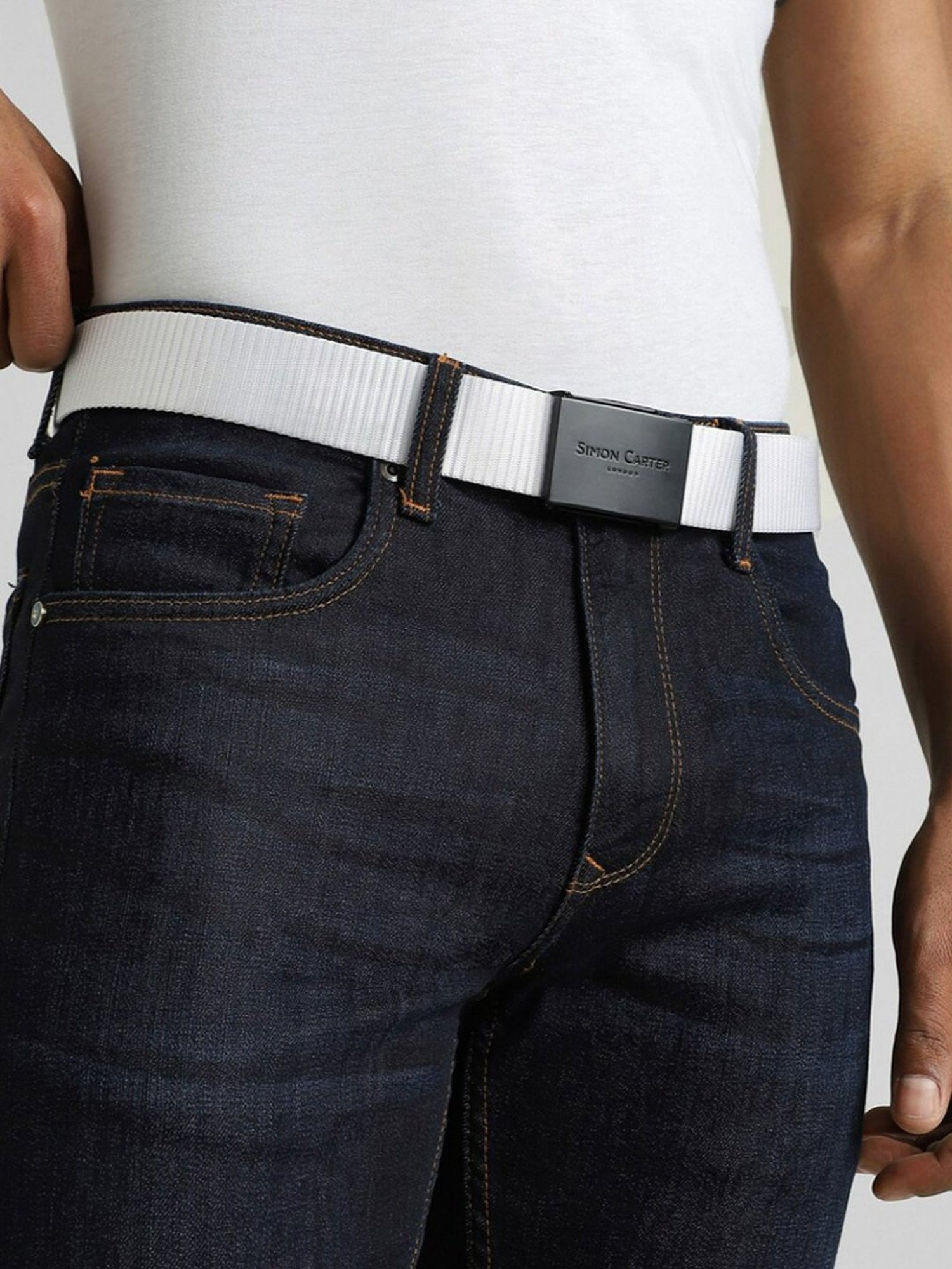 Simon Carter White Leather Textured Casual Belt for Men