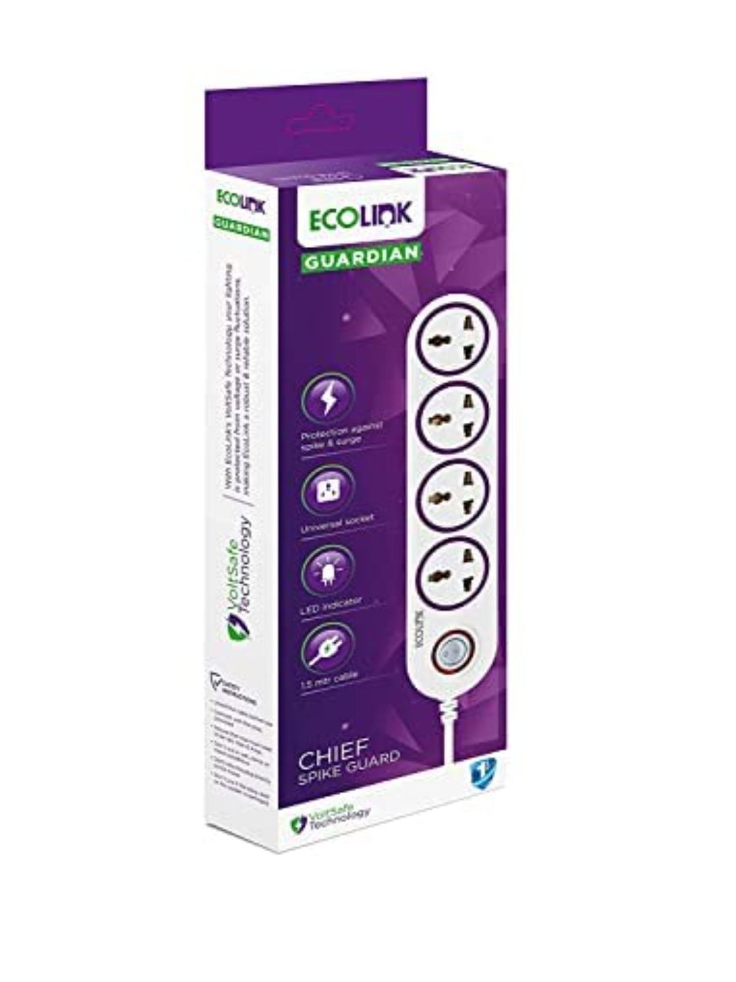 EcoLink 4 Way Extension Board with LED Indicator, Cable Length 1.5 Mtr - Pack of 2 (Purple)