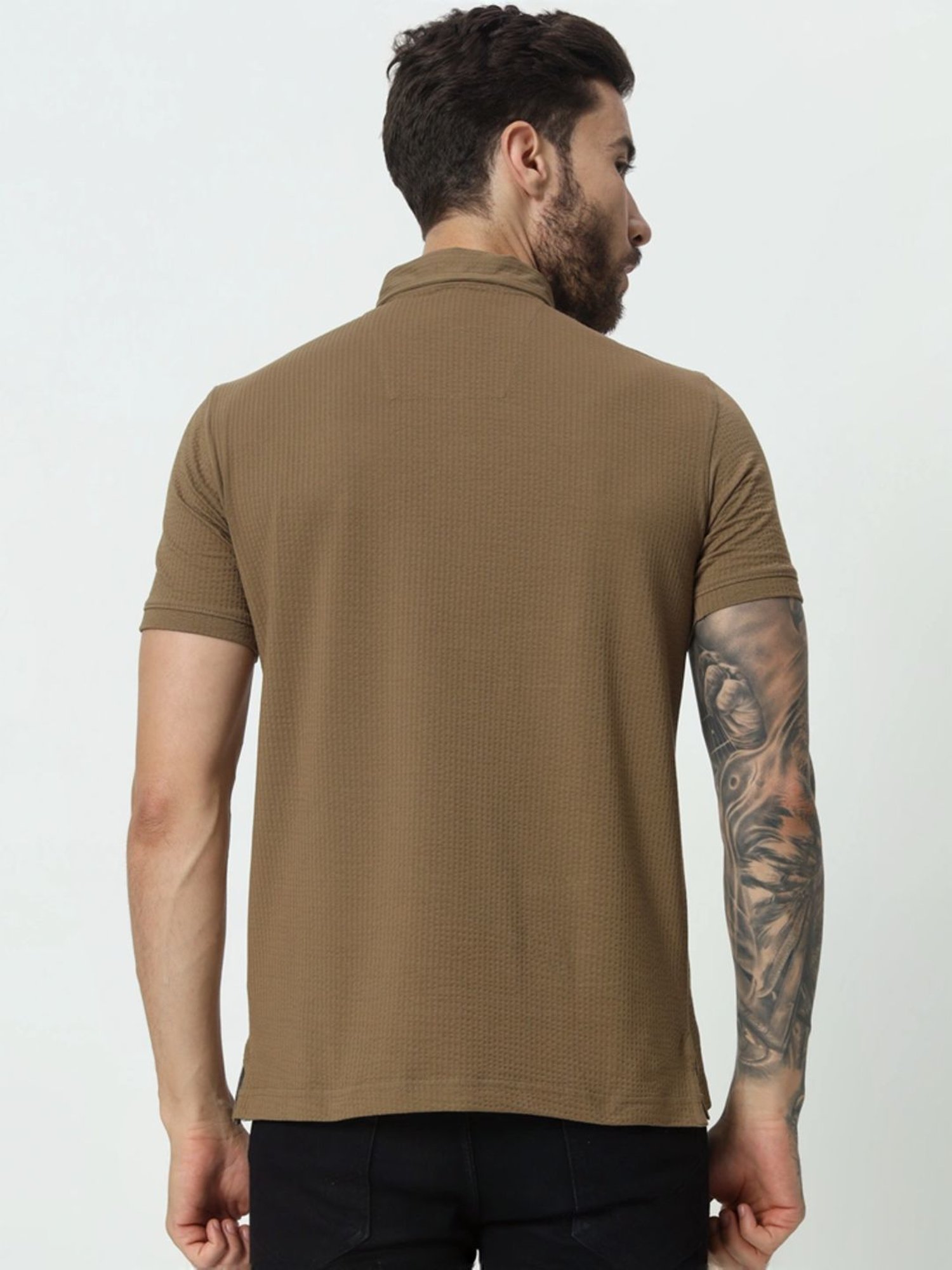 Tab91 Brown Regular Fit Self Pattern Polo T-Shirts