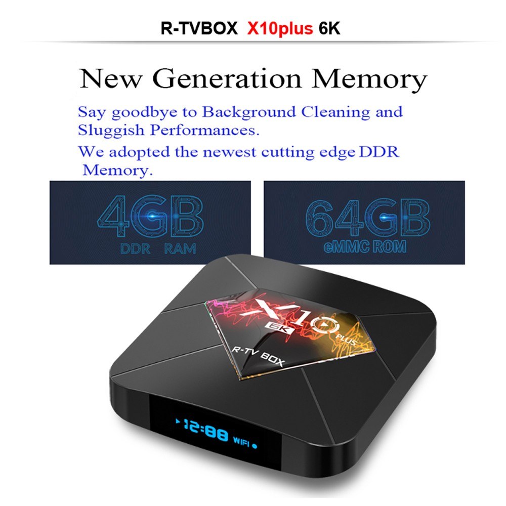 R-TV BOX X10 PLUS Android 9.0 Smart TV Box Allwinner H6 UHD 4K Media Player 6K Image Decoding 4GB / 64GB 2.4G WiFi 100M LAN USB3.0 H.265 VP9 LCD Display
