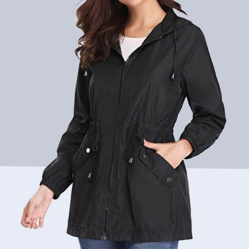 1pc Women Outdoor Hiking Waterproof Raincoat Spring Autumn Pocket Long Sleeve Casual Jackets with Zipper Outwear Coats for Girls Size S(Black)