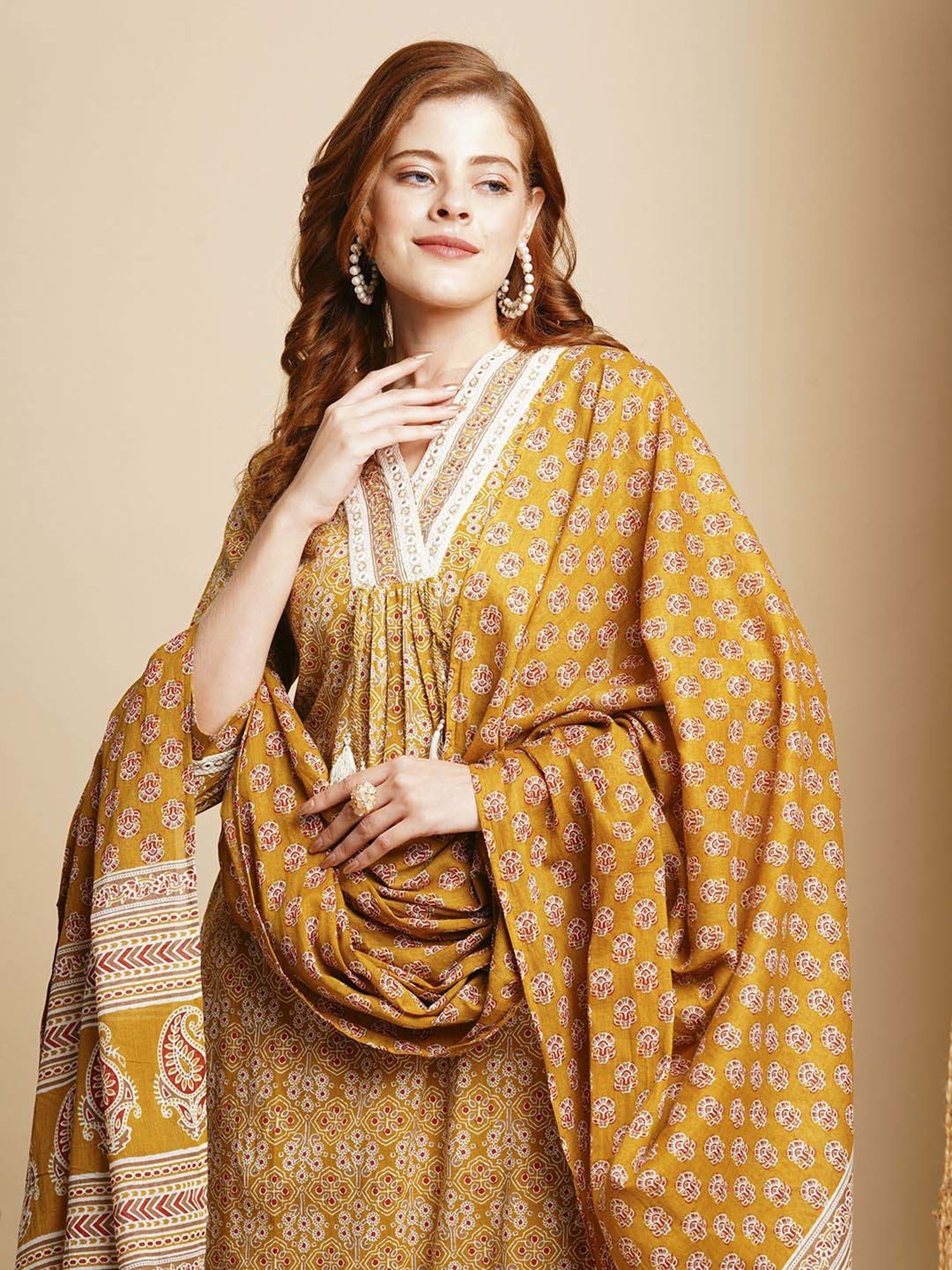 Fashor Mustard Cotton Printed Kurta & Pant Set With Dupatta