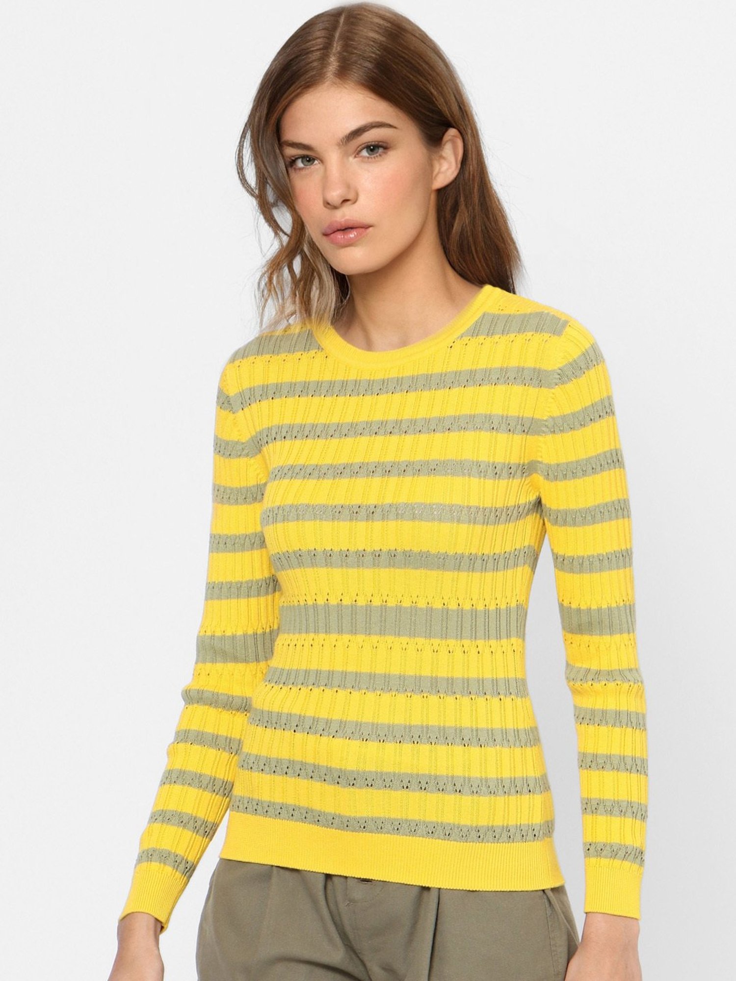 Only Yellow & Olive Cotton Striped Pullover