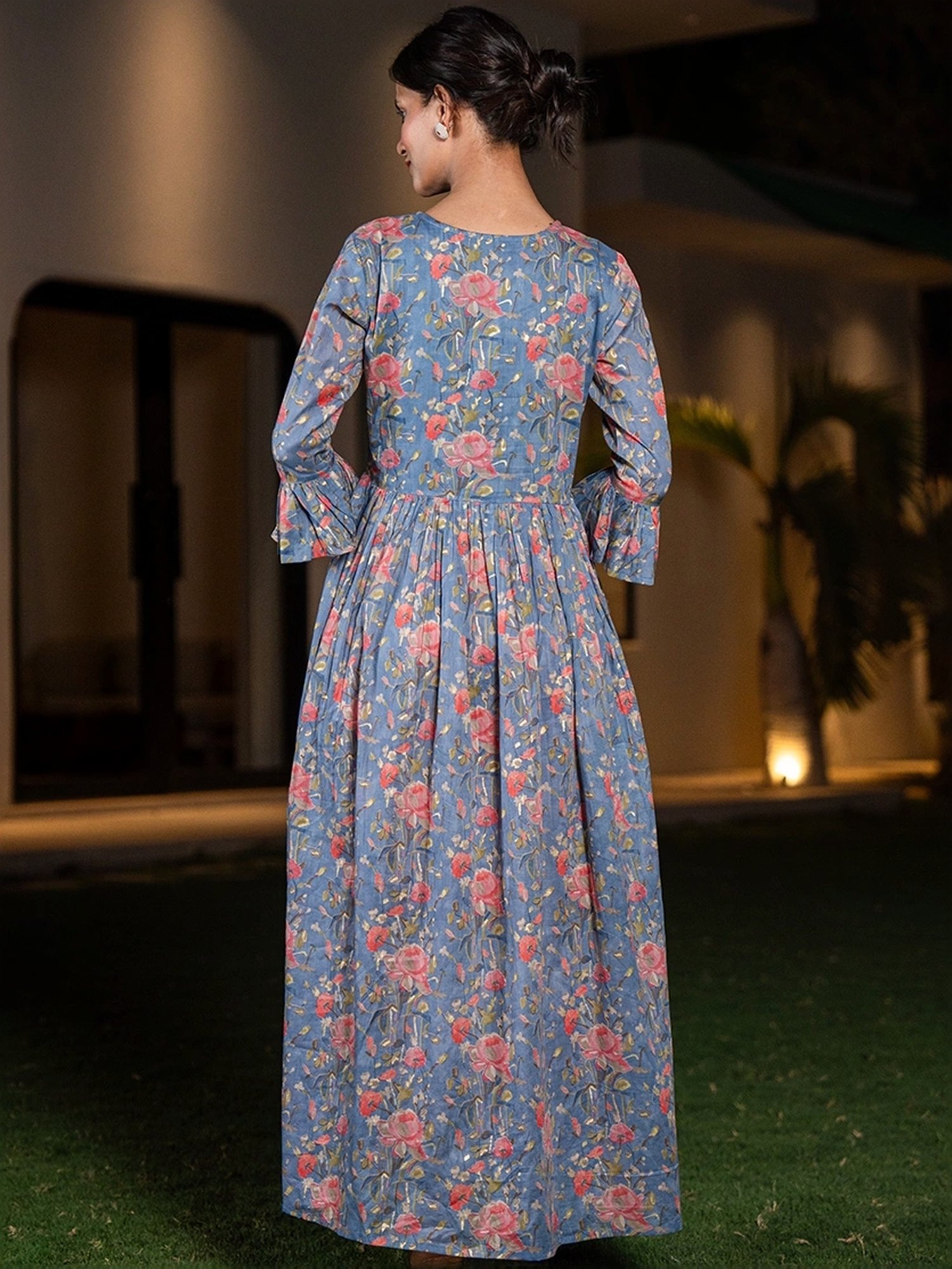 Yufta Blue Cotton Printed Maxi Dress