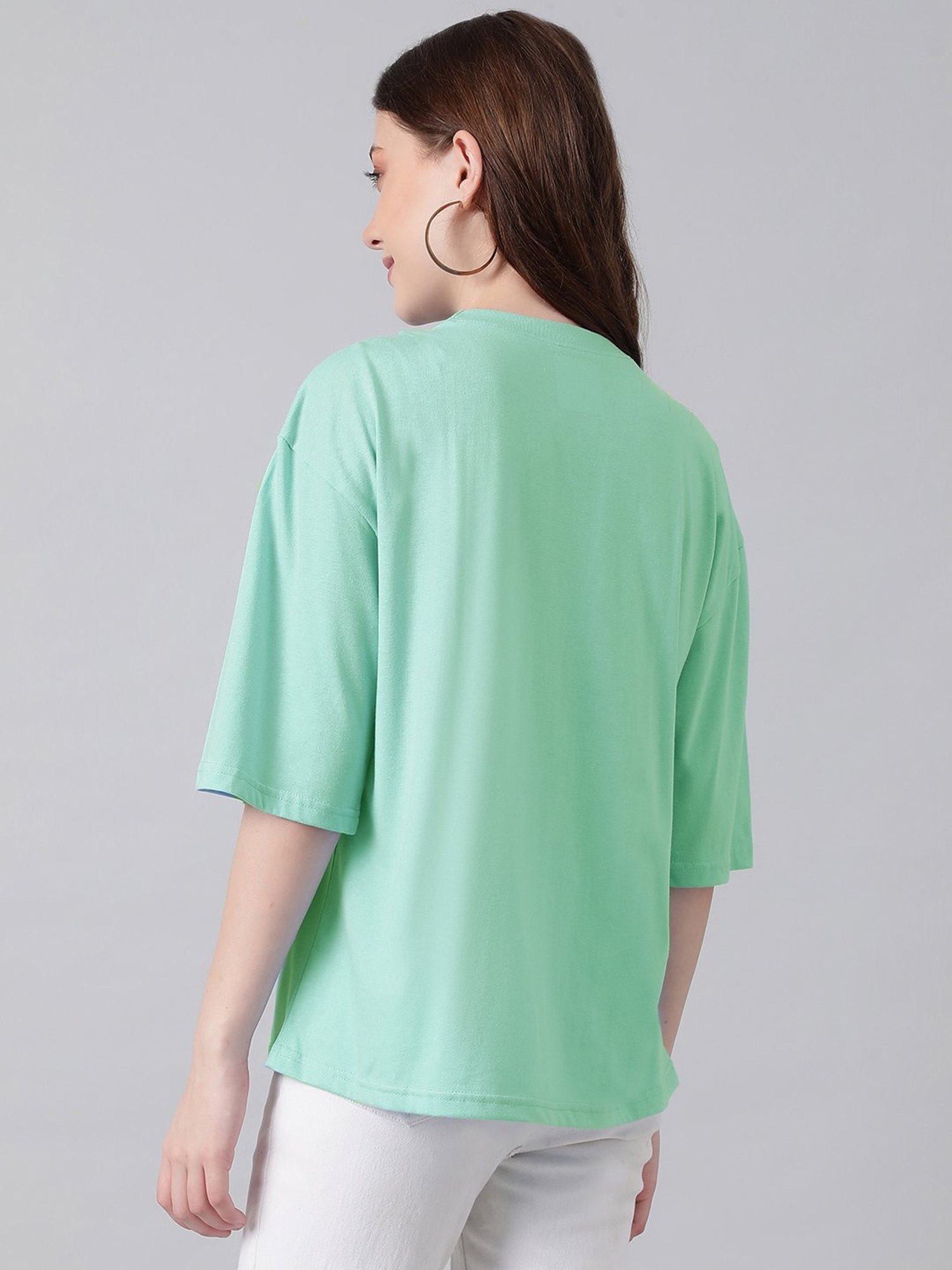 Kotty Light Green Printed Oversized T-Shirt