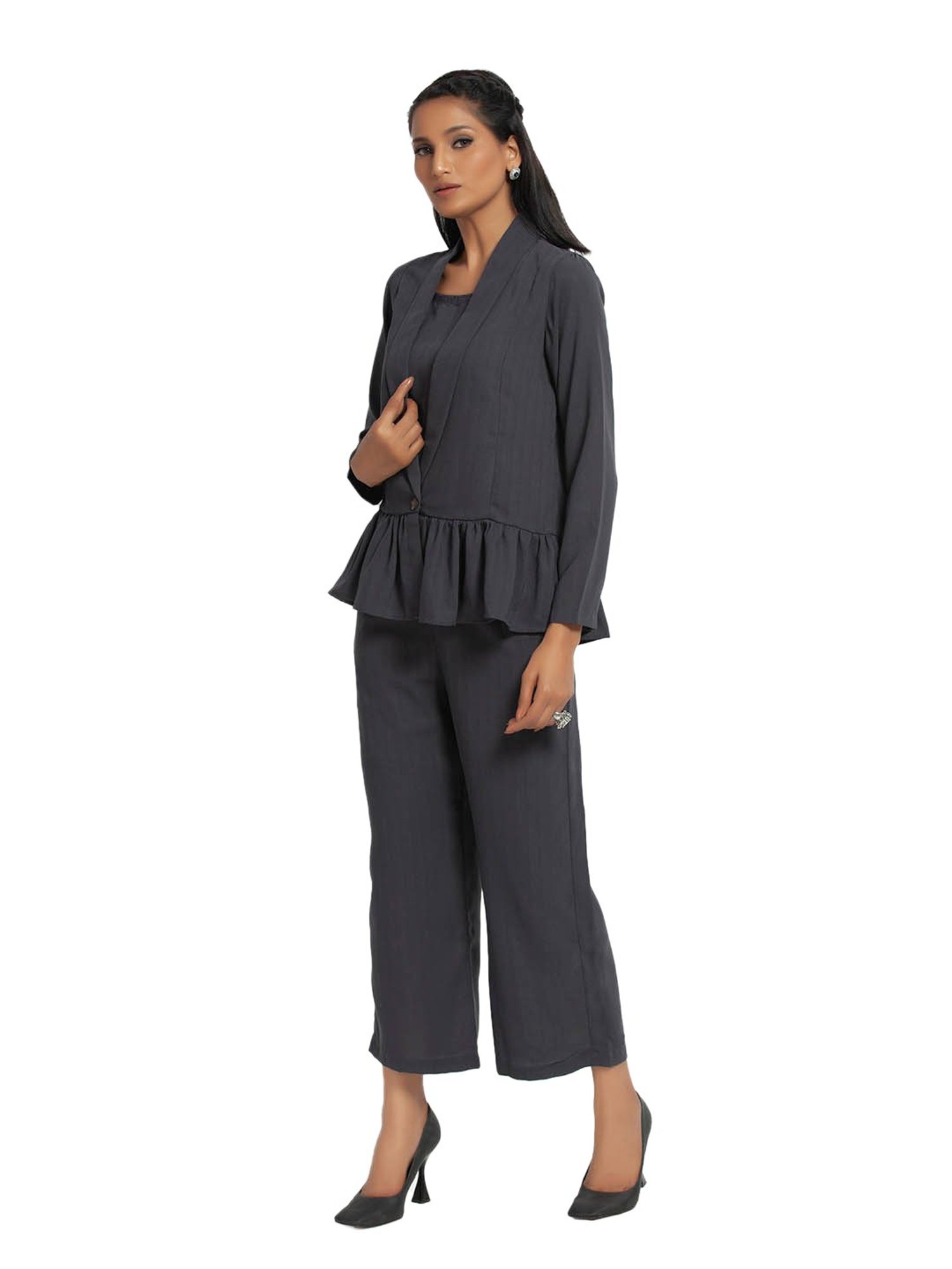 Office & You Grey Full Sleeves Jacket With Gathers