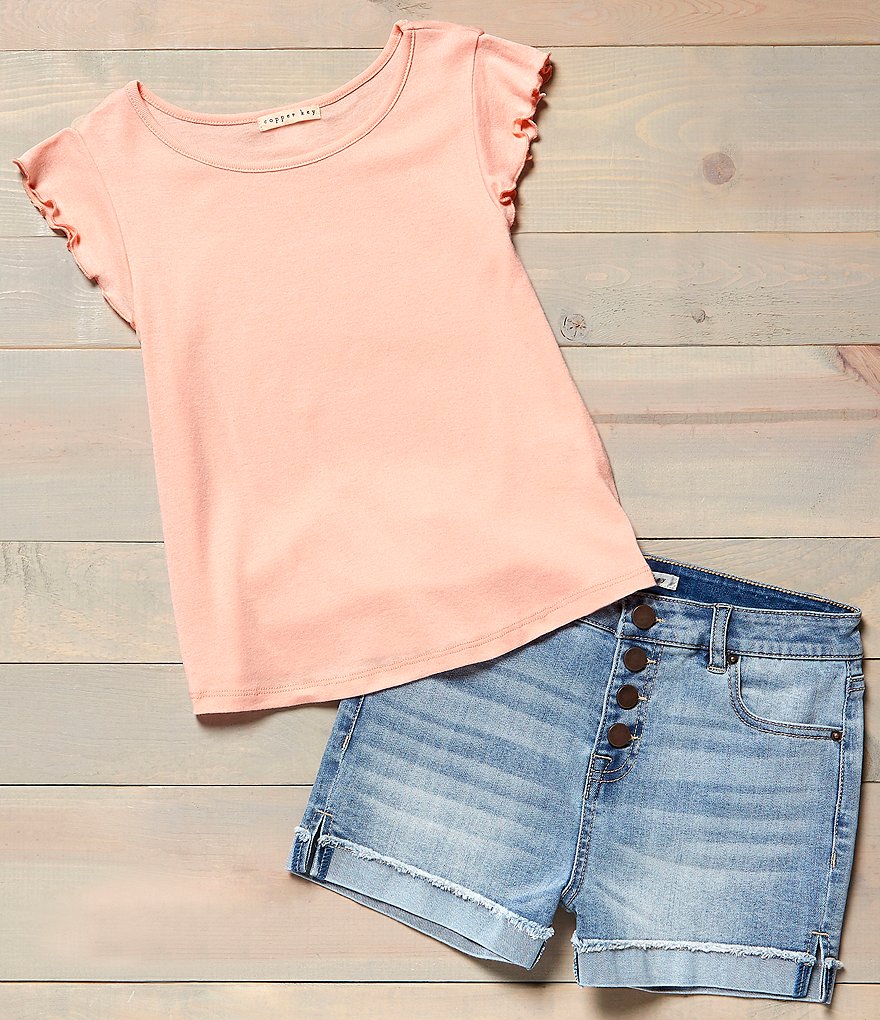 Copper Key Big Girls 7-16 High Waisted Button Front Frayed Hem Denim Shorts