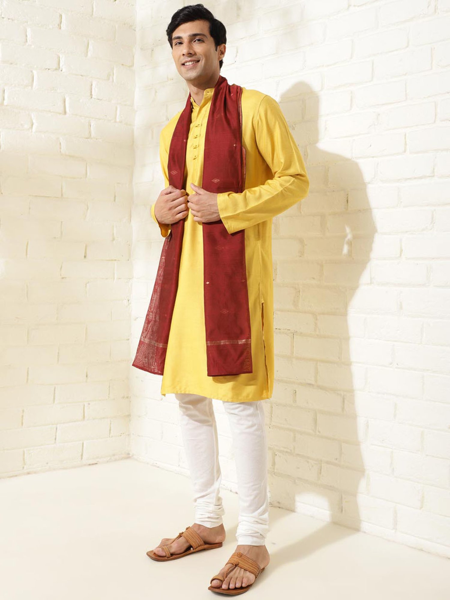 Fabindia Maroon Cotton Silk Blend Woven Stole