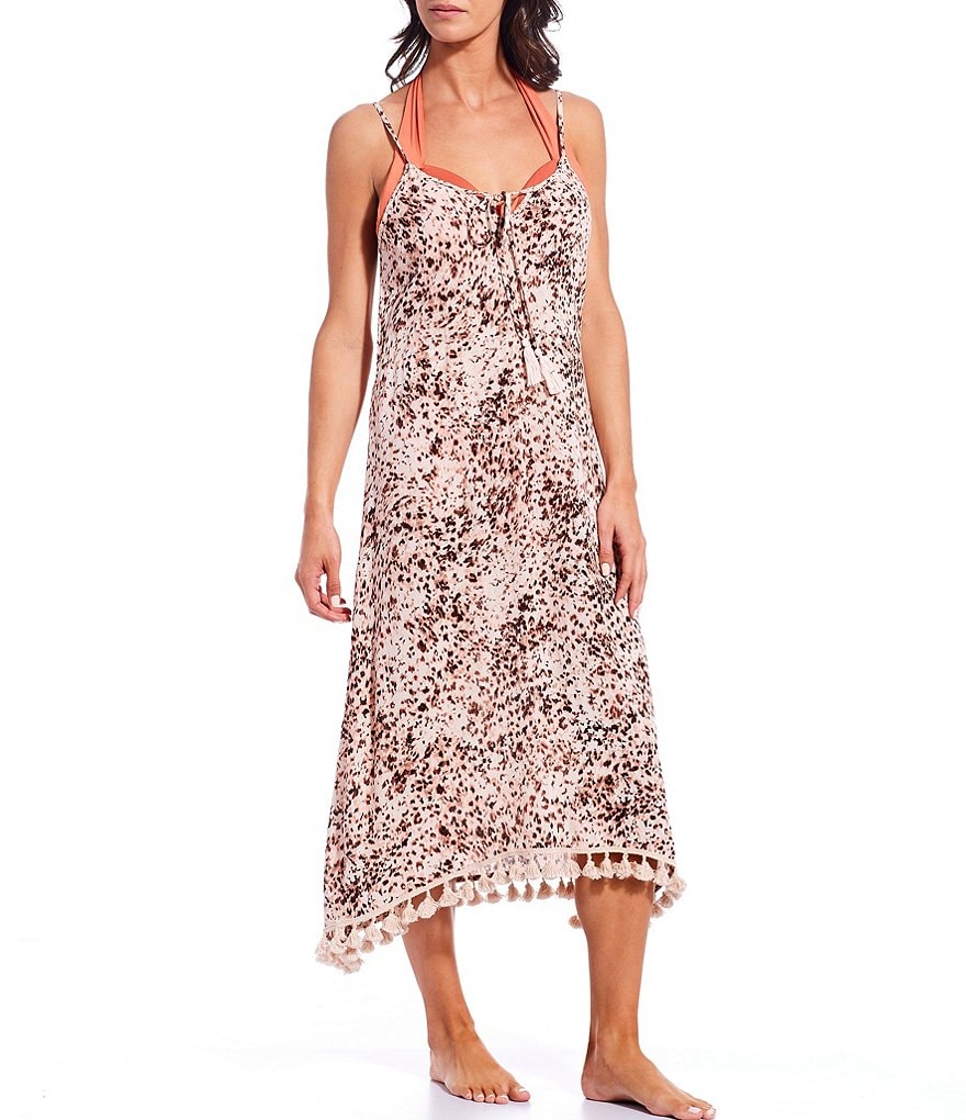 Tommy Bahama Midnight Orchid Tropical Print Scoop Neck Ruffle Hem Spa Dress