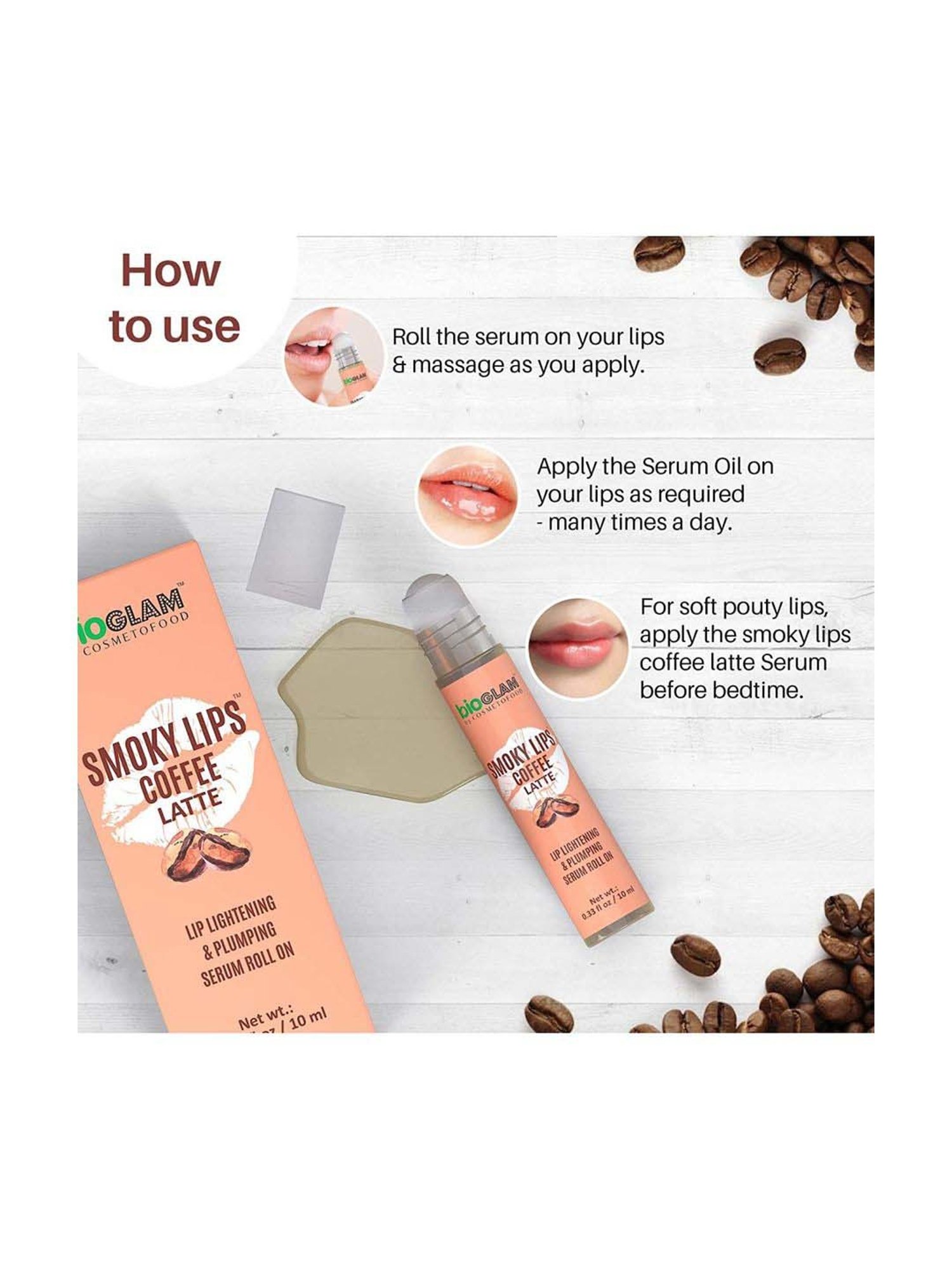 Cosmetofood Bioglam Smoky Lips Coffee latte Lighten and Plump Serum Roll-On For Plump Lips - 10 ml