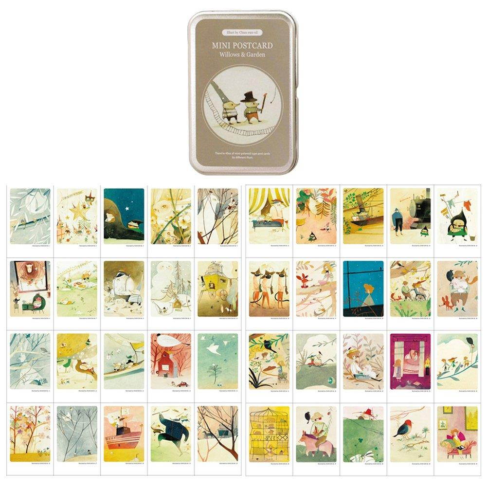 Mini Illustrated Card 40 Instax Mini Cards per Tin Case Decorative & Message Card 2.17" x 3.35" (Willows & Garden)
