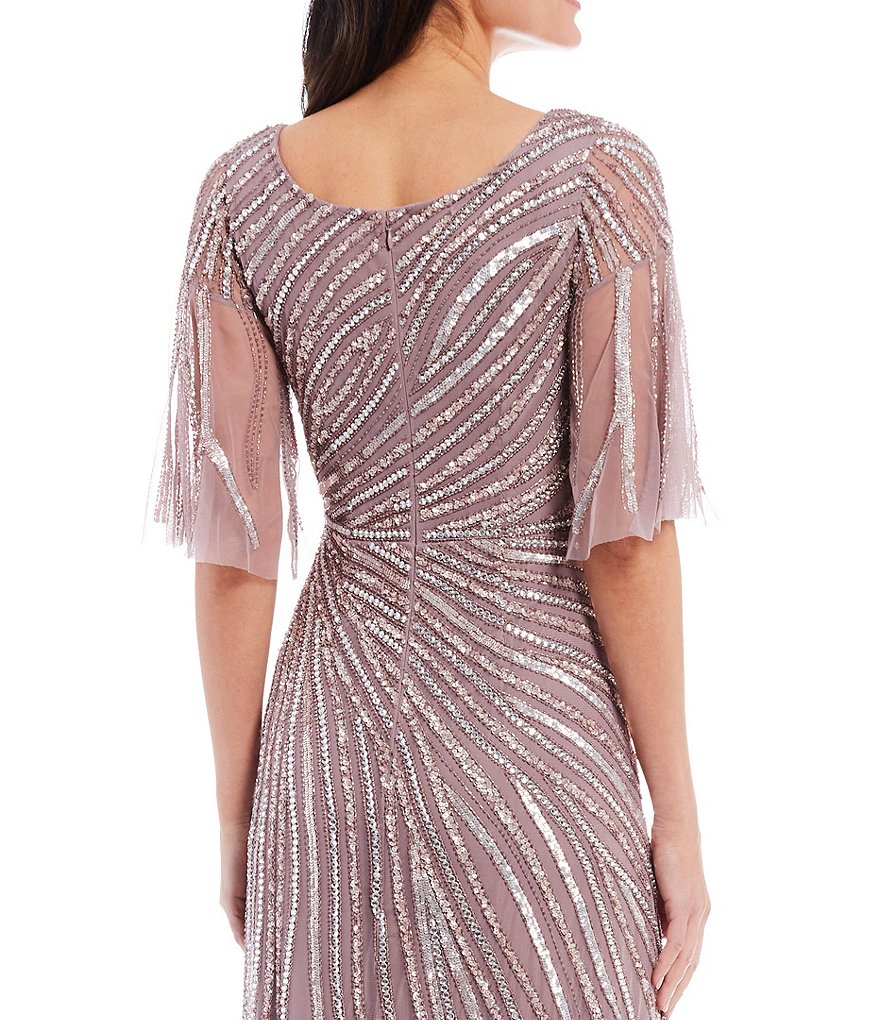 Aidan Mattox Flutter Sleeve Scoop Neck Beaded Mesh Gown