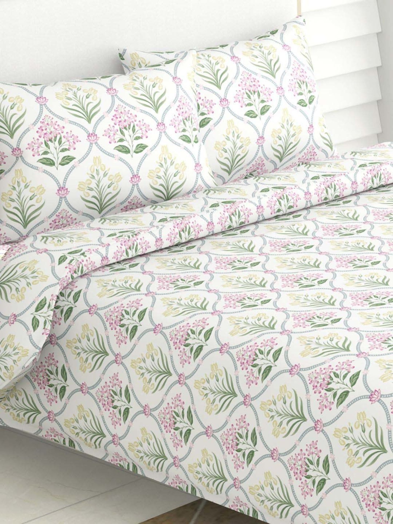 Haus & Kinder Cotton 186 TC Yellow Blossom Double Bedsheet with 2 Pillow Covers