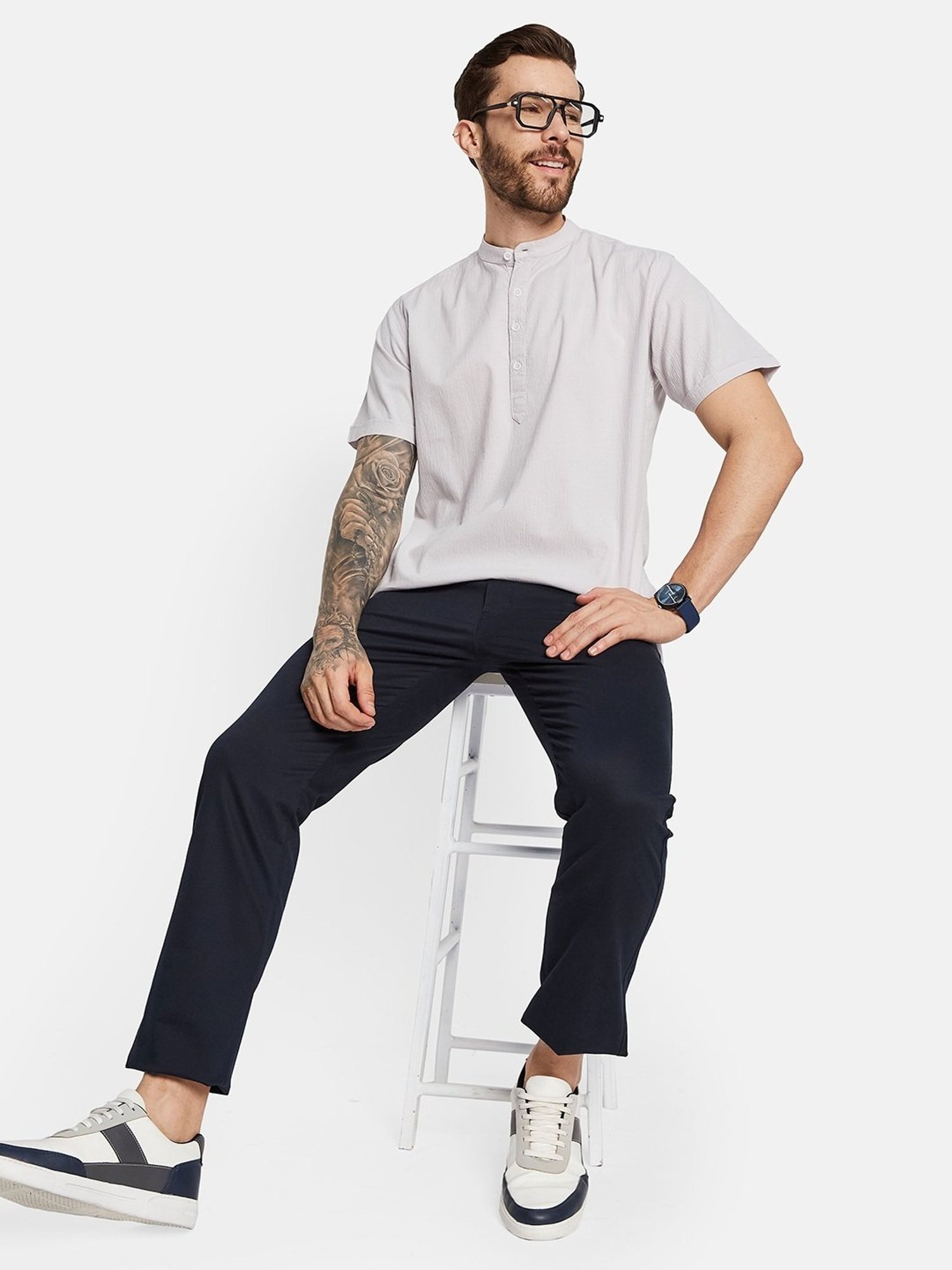 Octave Navy Cotton Regular Fit Trousers