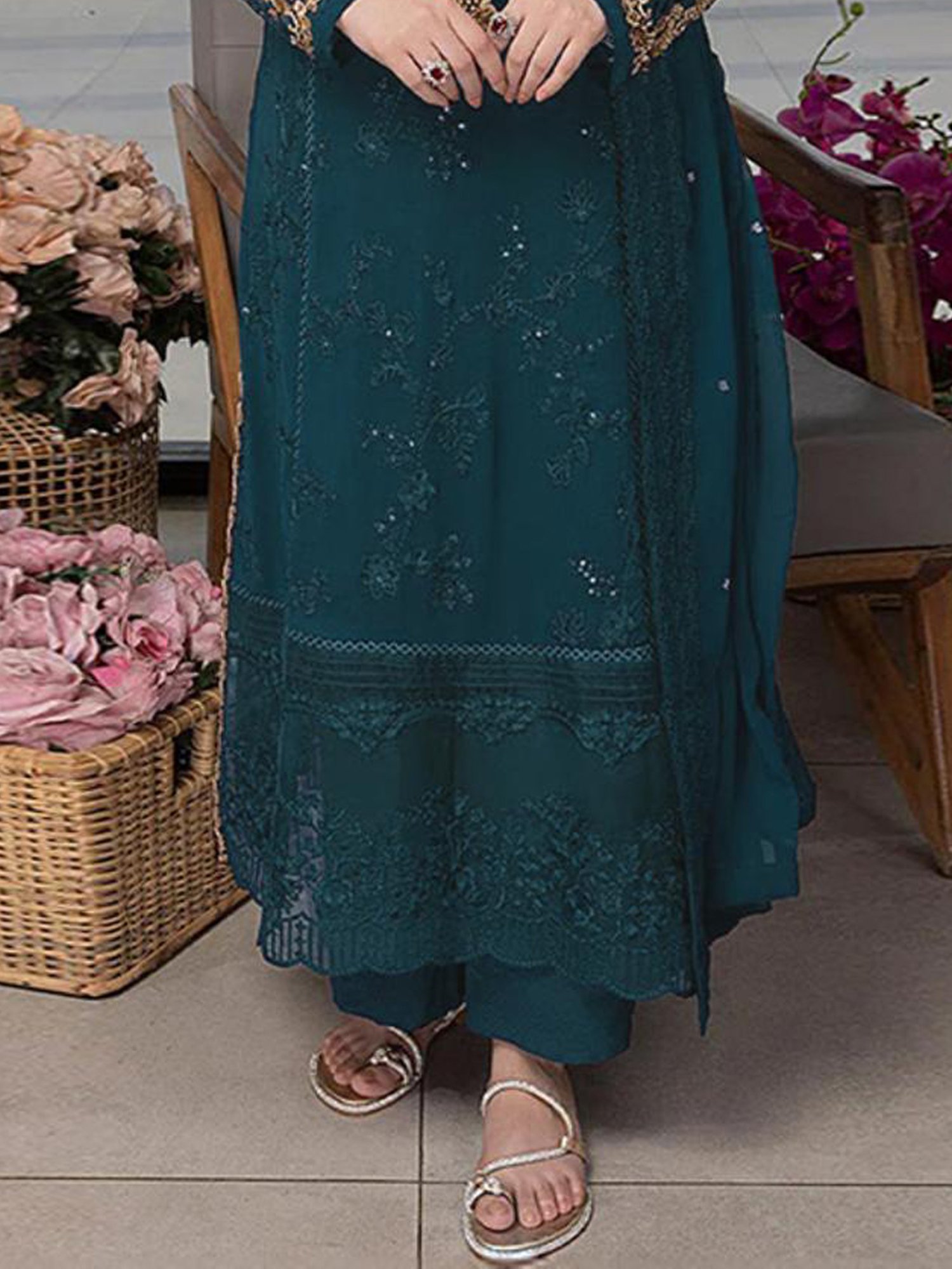 Odette Teal Blue Embroidered Unstitched Dress Material