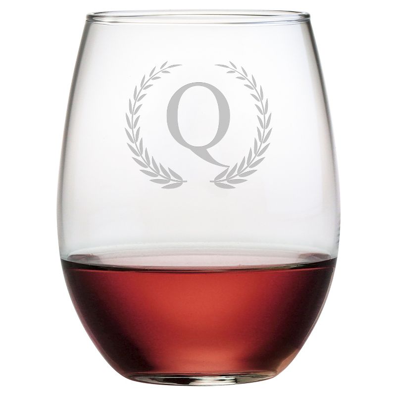Susquehanna 21oz Glass Wreath Monogram Stemless Wine Glasses - Q - Set of 4