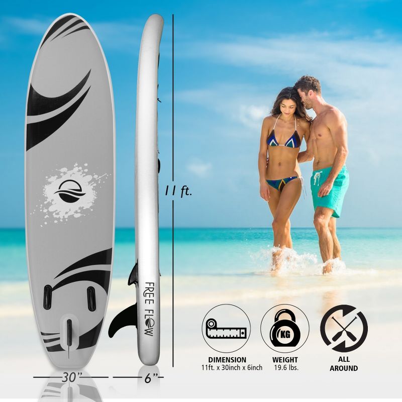 SereneLife 11 Foot Free Flow Inflatable SUP Stand Up Paddle Board Kit with Air Pump, Oar, Carry Bag, and Leash, White