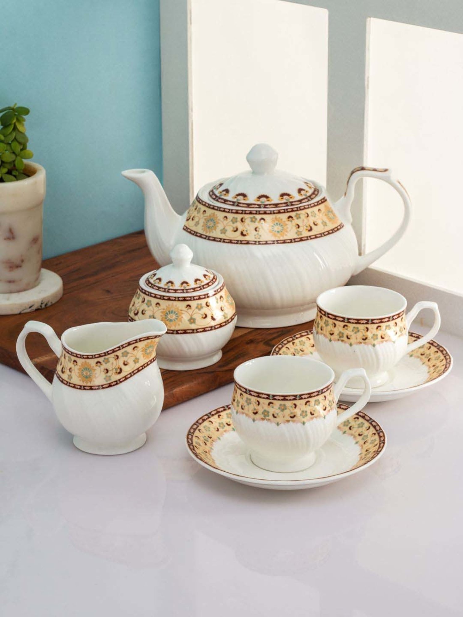 Clay Craft White & Beige Ceramic Tea Set