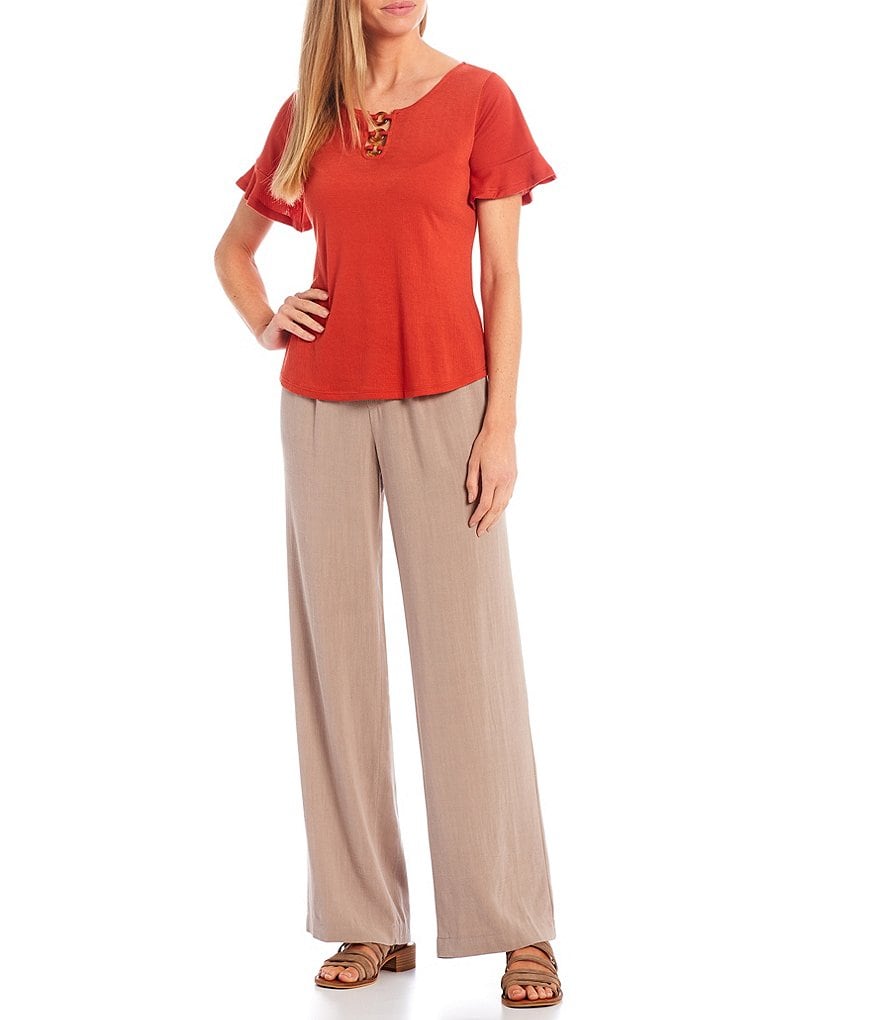 I.N. Studio Petite Size Solid Pucker Knit Ring Neckline Detail Short Flounce Sleeve Top