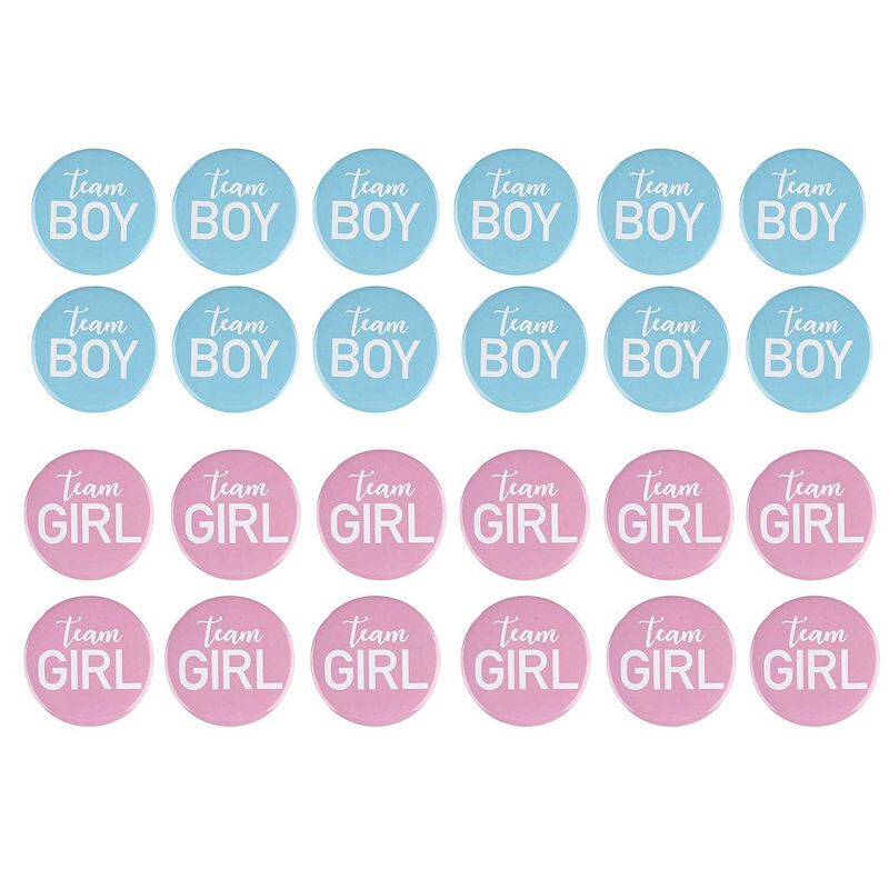 Gender Reveal Button Pins - 24-Pack Team Girl and Team Boy Pinback Badge Accessories, Baby Shower Supplies, Party Favors, 12, Pink Blue, 2.2"