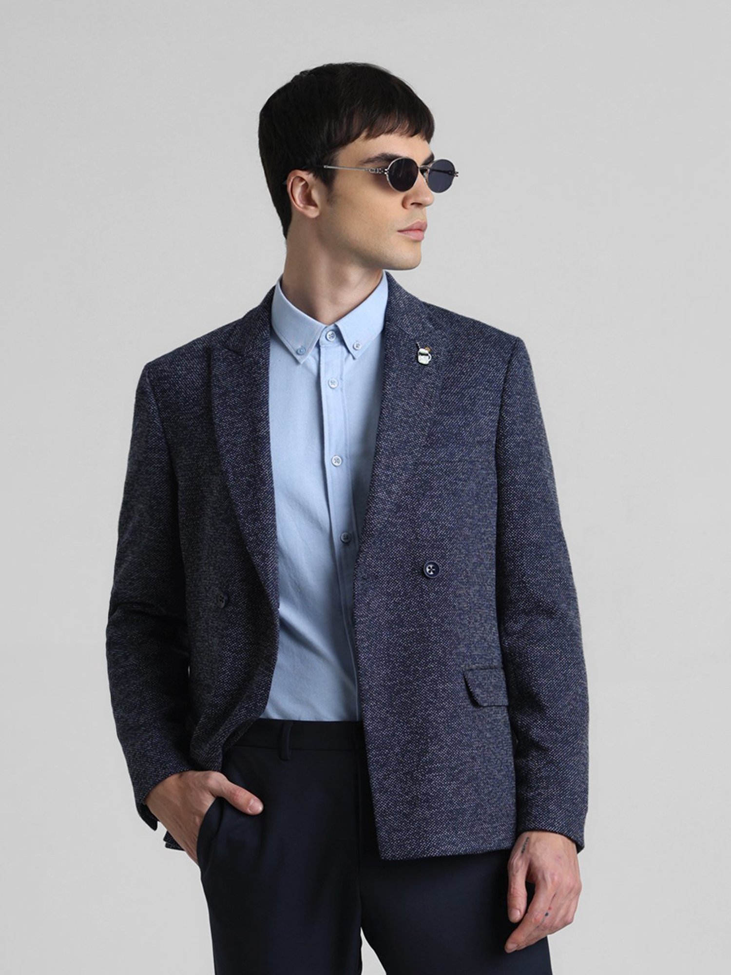 Jack & Jones Navy Blazer Slim Fit Self Pattern Blazer