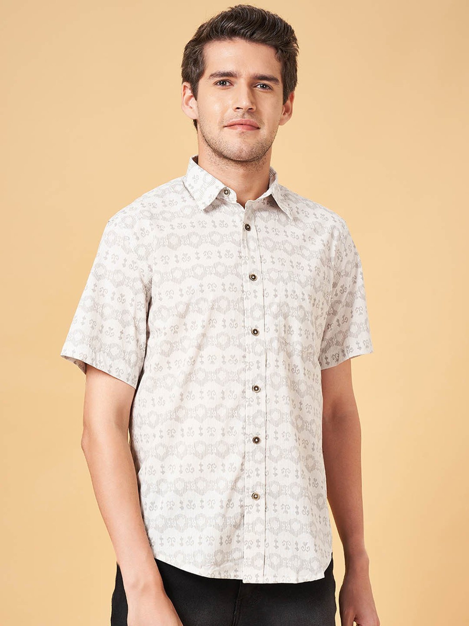 Indus Route by Pantaloons Grey Cotton Regular Fit Printed Shirt