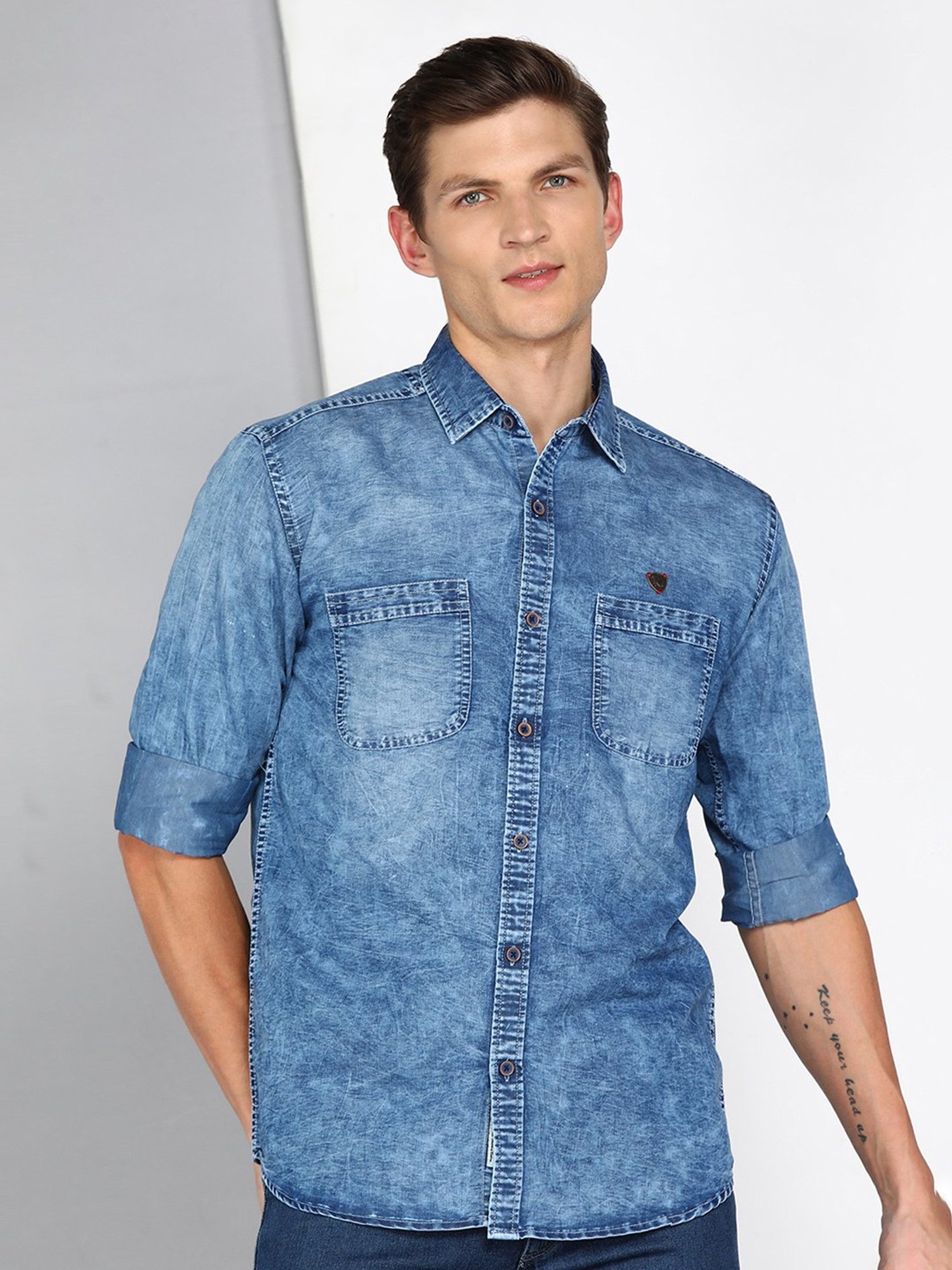 Kuons Avenue Blue Slim Fit Denim Shirt