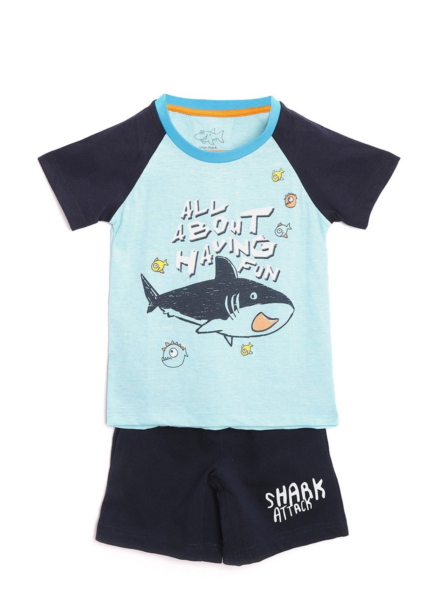 Lazy Shark Kids Navy & Blue Printed  T-Shirt with  Shorts