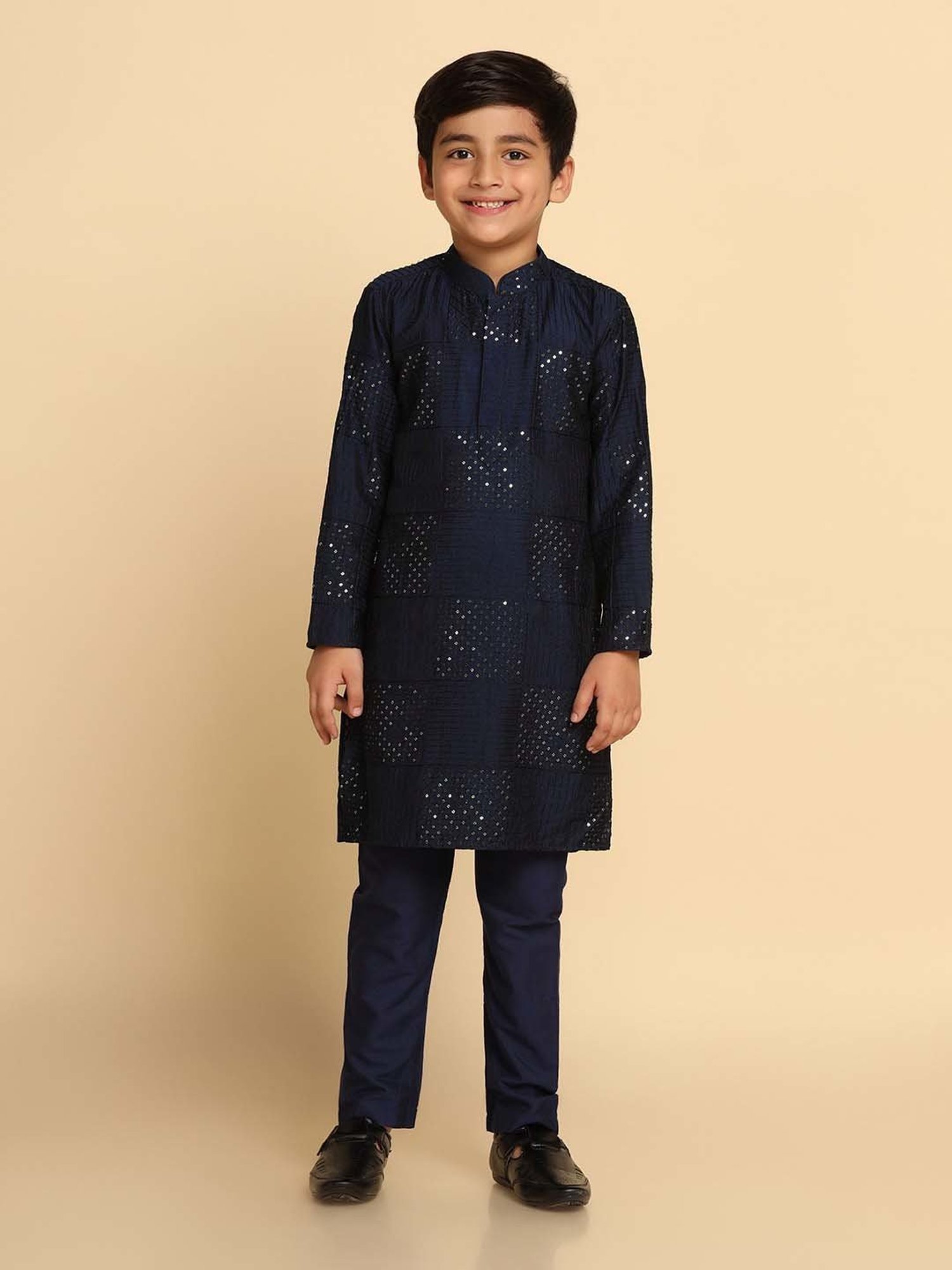 VASTRAMAY Boys Yellow & White Cotton Printed Full Sleeves Kurta Sets