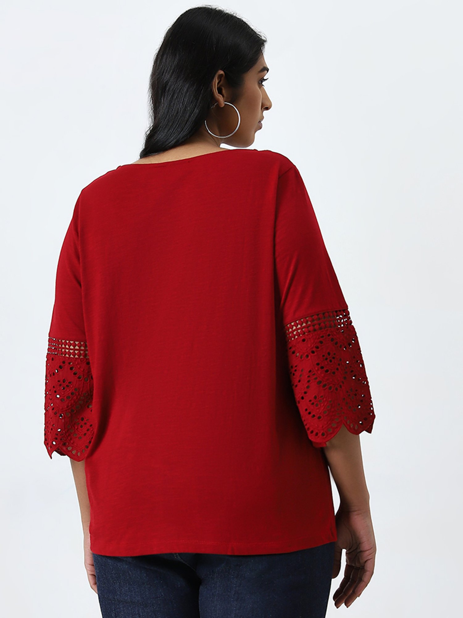 Gia by Westside Red Schiffli Design Cotton Blouse