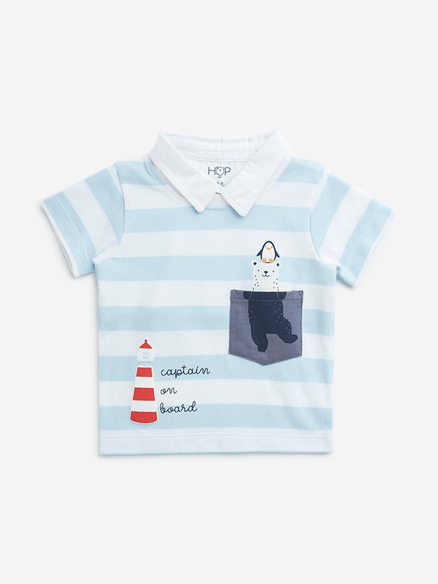 HOP Baby by Westside Light Blue Stripe Printed Cotton T-Shirt